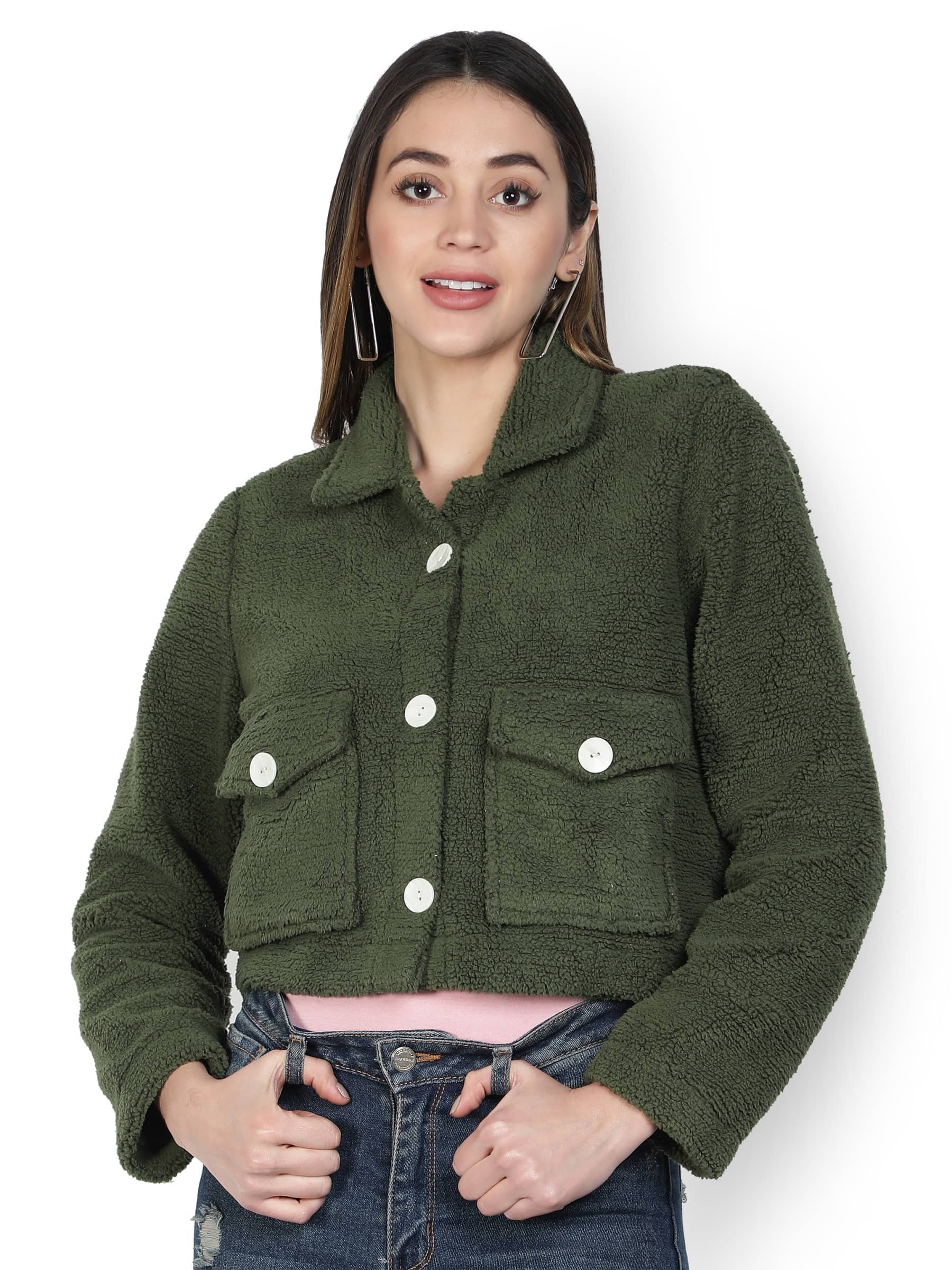 NUEVOSDAMAS Polyester Blend Green Jackets Single - Jackets & Coats | Buy online on ZillyBuy