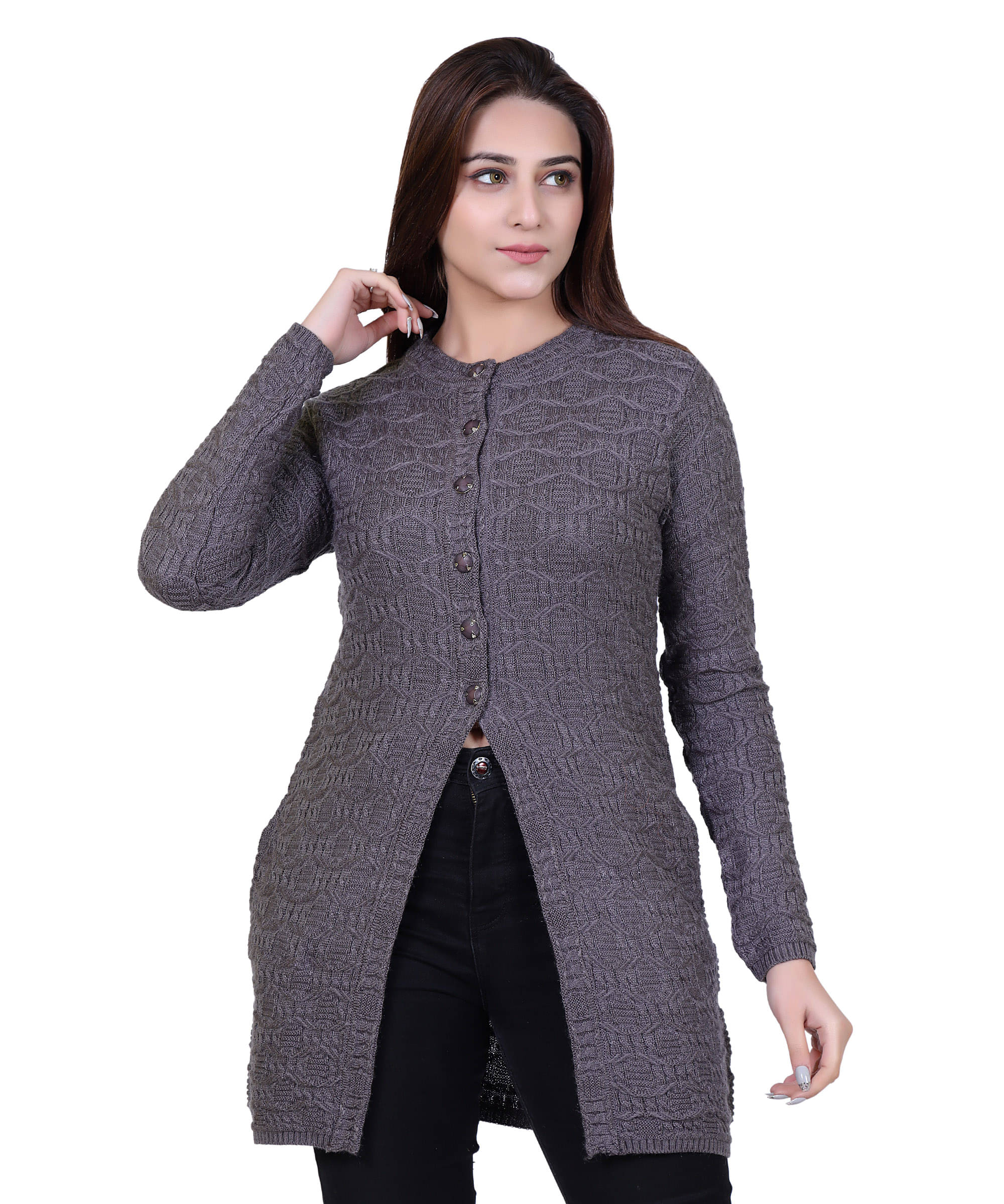     			Varenyam Acrylic Grey Buttoned Cardigans - Single