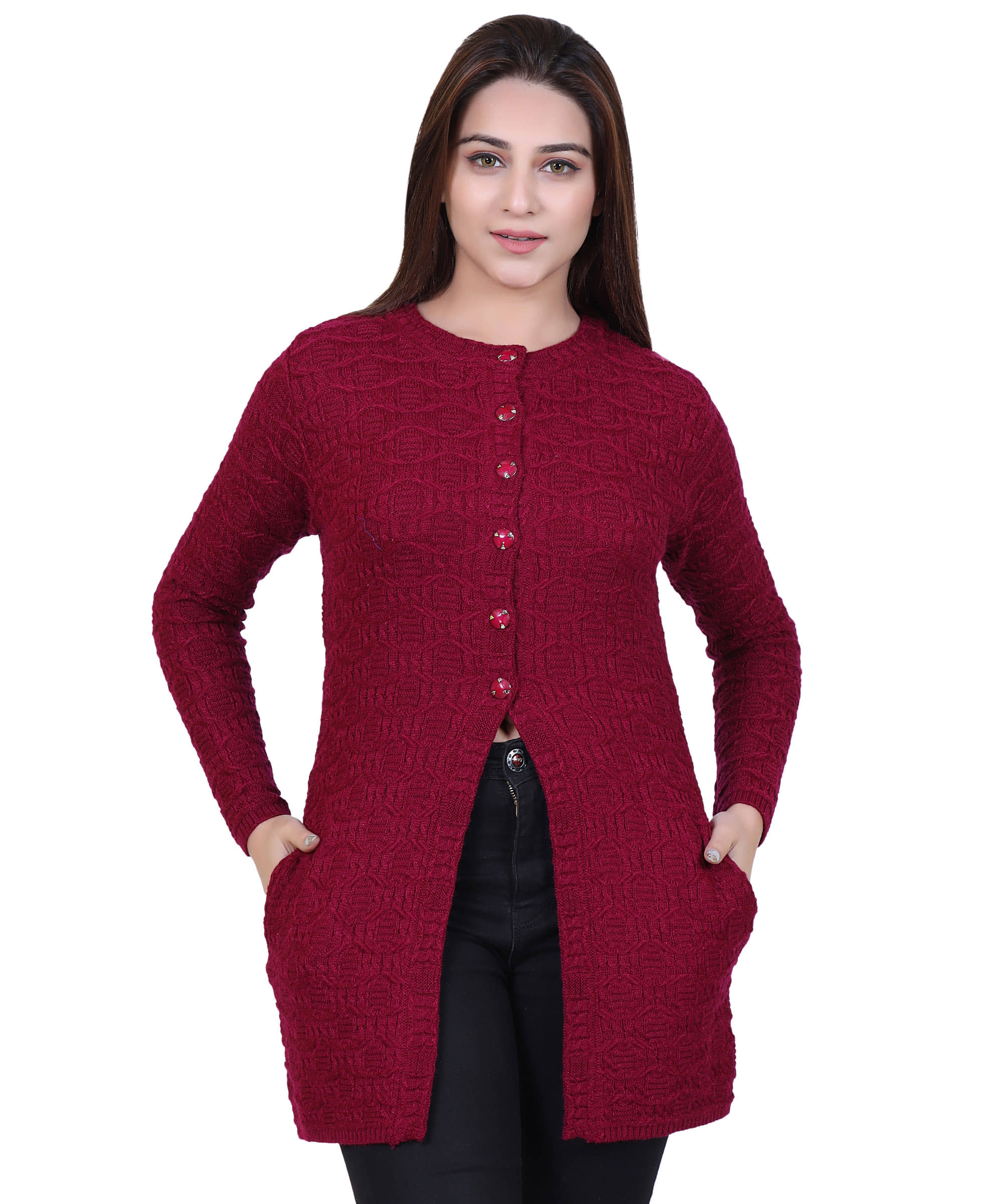 Varenyam Acrylic Purple Buttoned Cardigans - Single