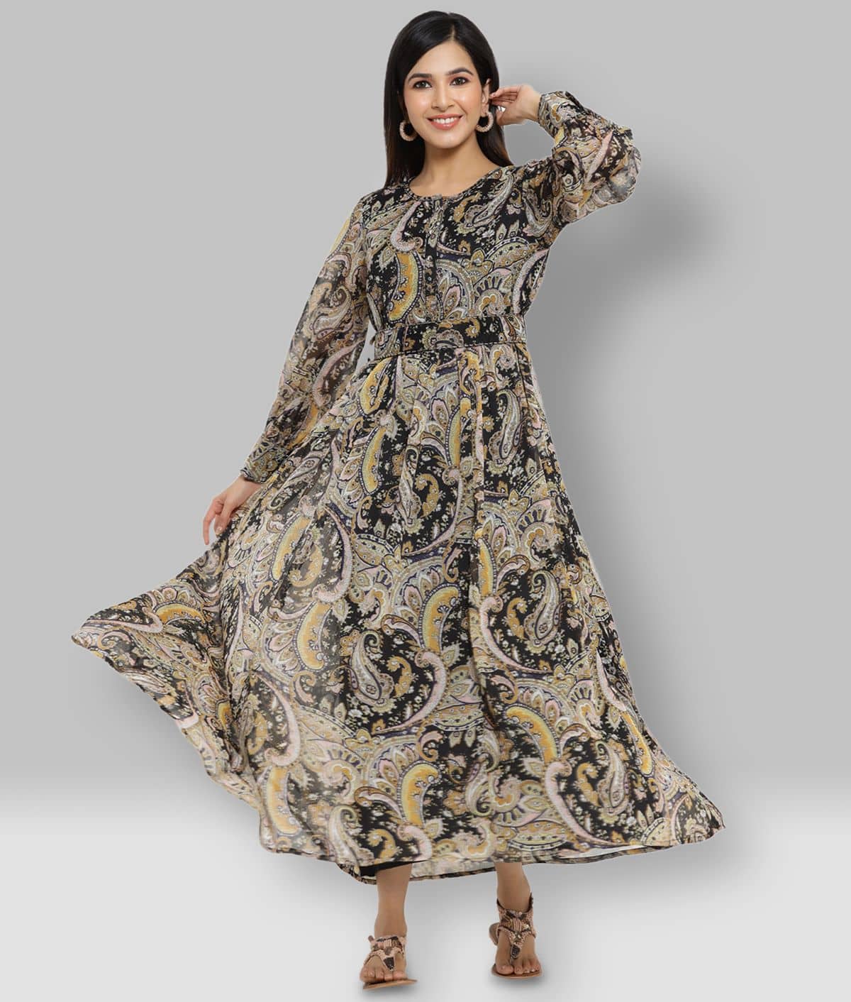 Juniper Women Chiffon Fit & Flare Dress ( Black )