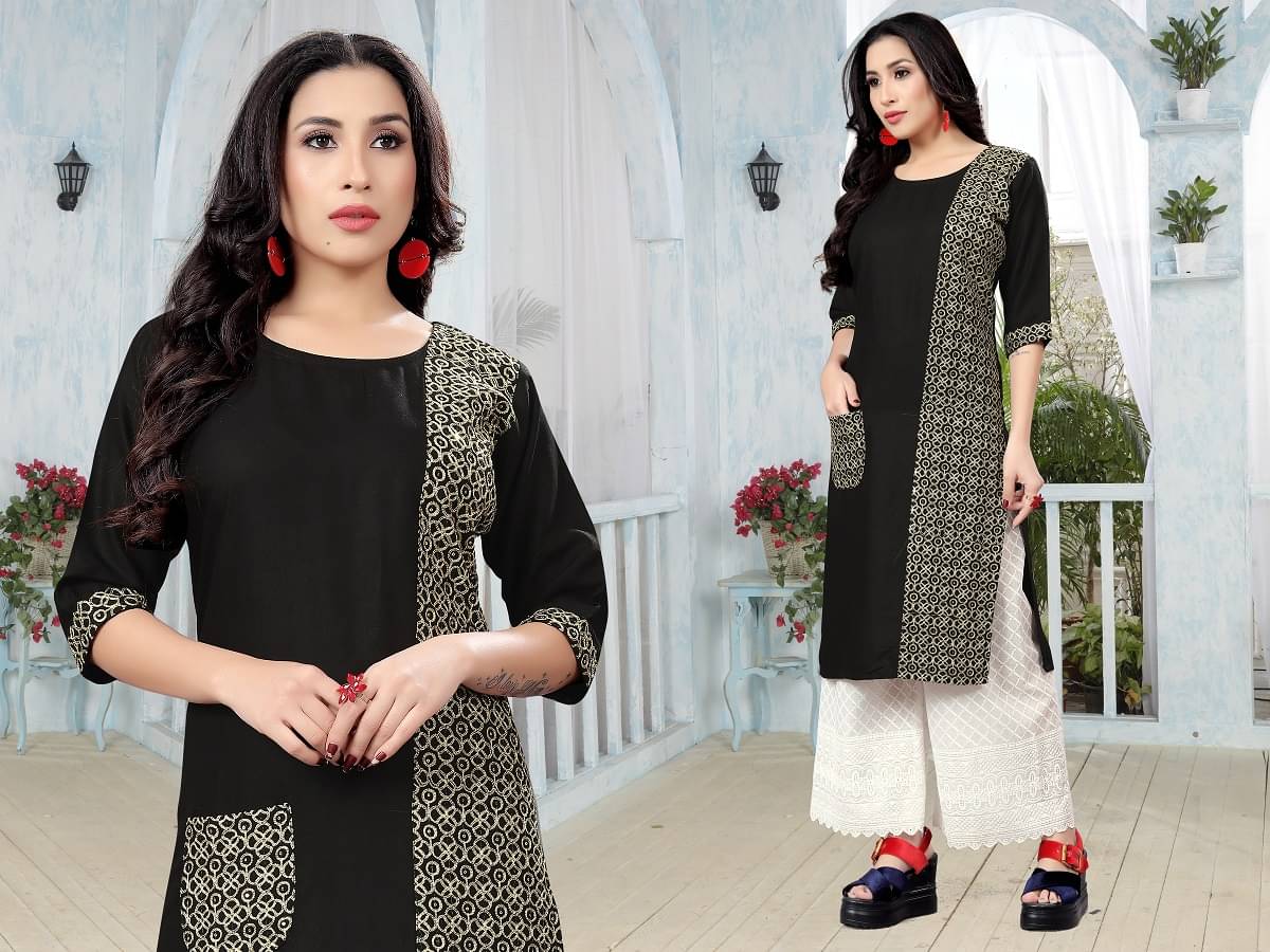 Dhruvanshi Enterprise - Black Rayon Women's Straight Kurti Dhruvanshi Enterprise - Black Rayon Women's Straight Kurti