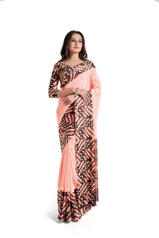    			Sitanjali Georgette Printed Saree With Unstitched Blouse Piece ( Peach )