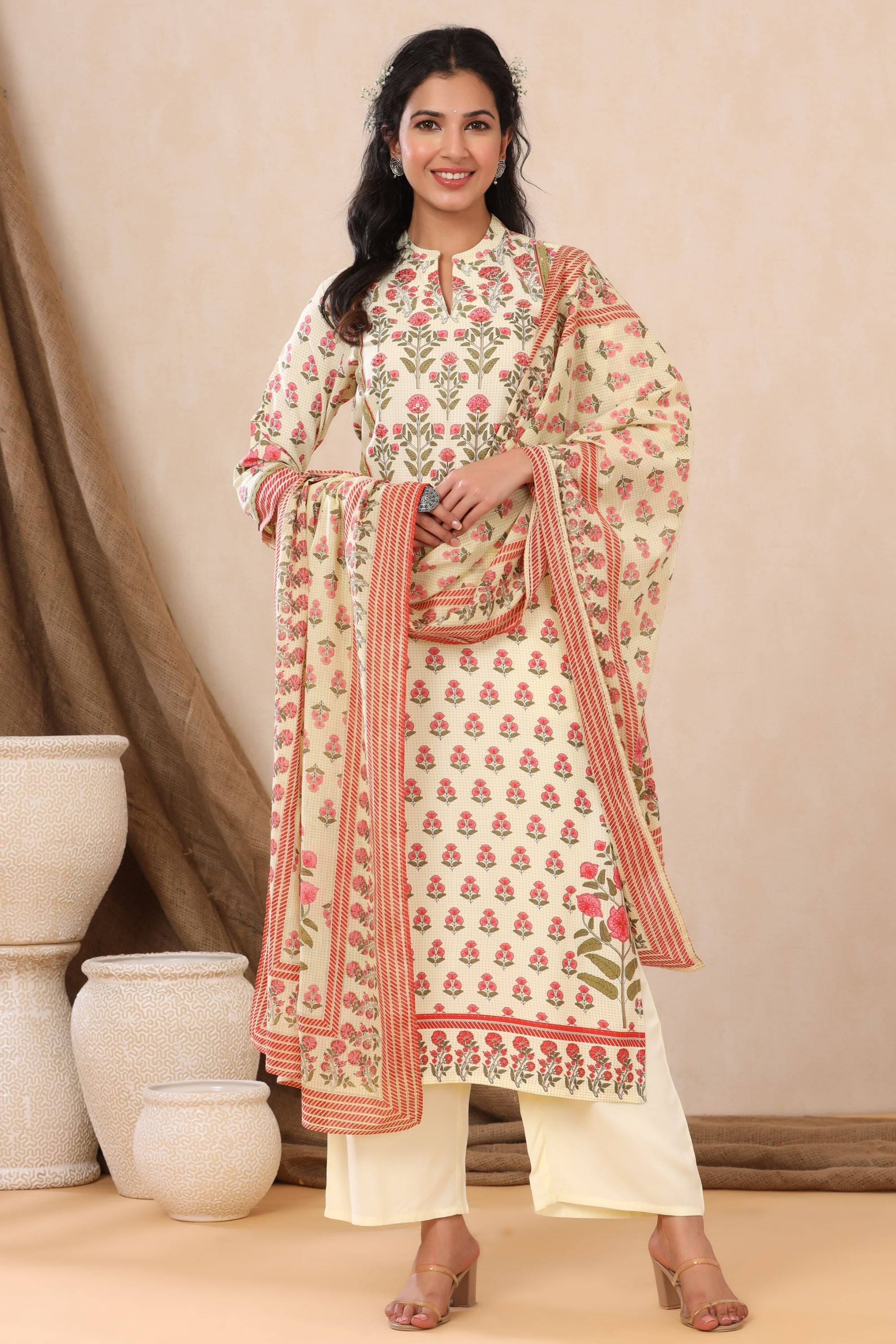 Juniper Beige Rayon Kurti With Palazzo - Stitched Suit Single Juniper Beige Rayon Kurti With Palazzo - Stitched Suit Single