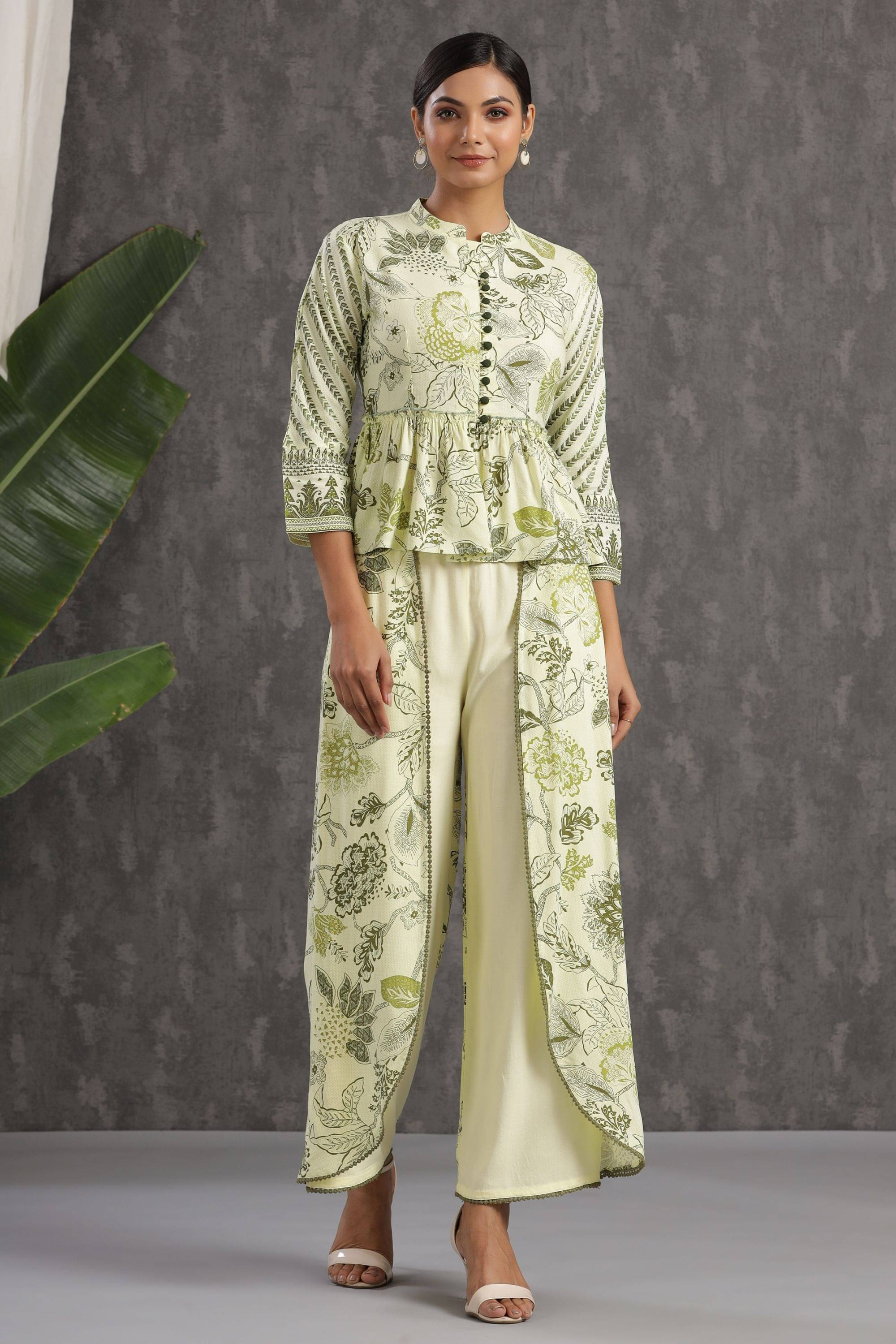     			Juniper Green Rayon Ethnic Top With Palazzo - Stitched Suit Single