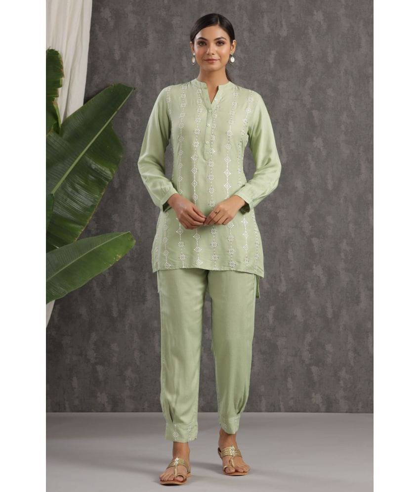     			Juniper Green Rayon Kurti With Pants - Stitched Suit Single