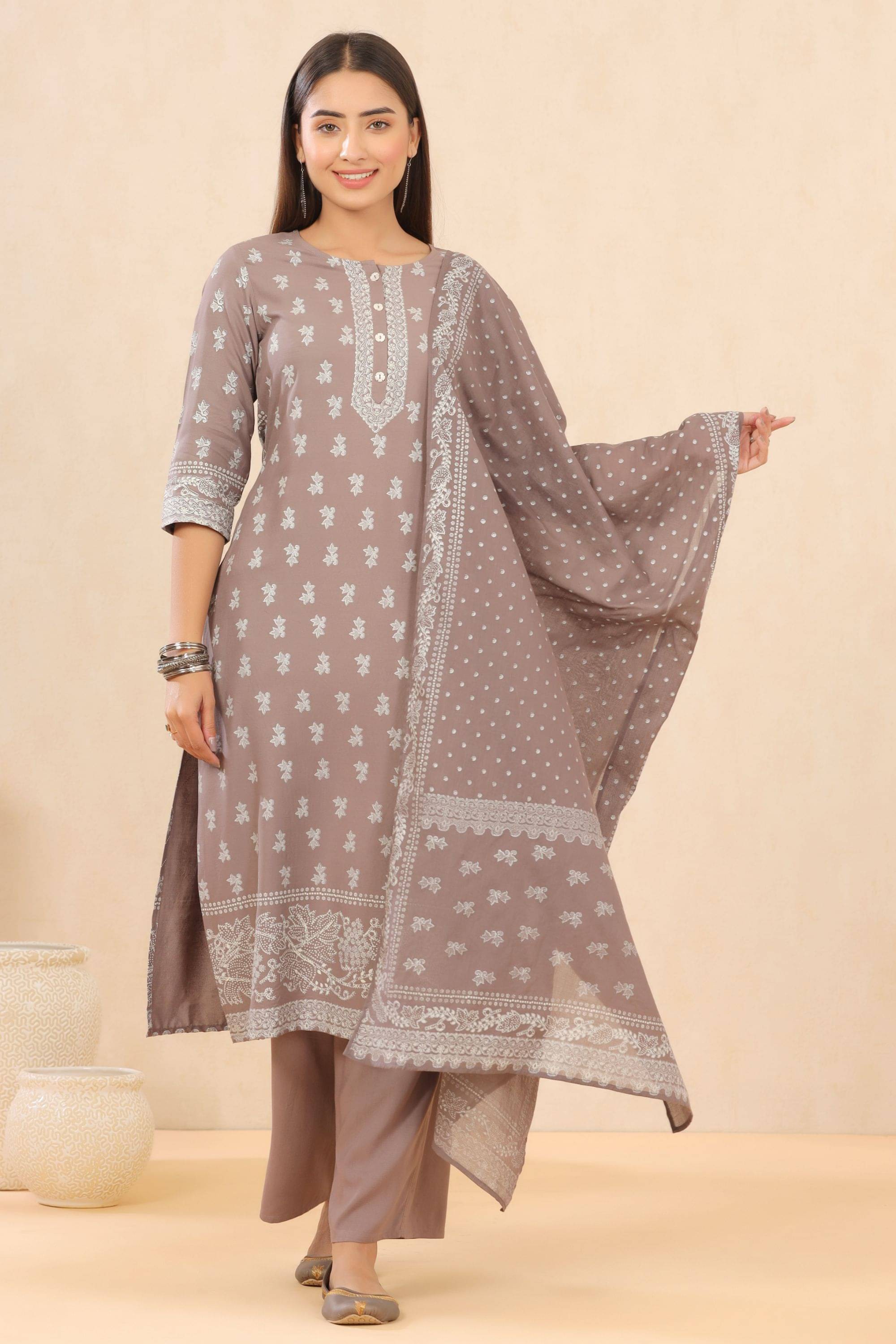     			Juniper Grey Rayon Kurti With Palazzo - Stitched Suit Single