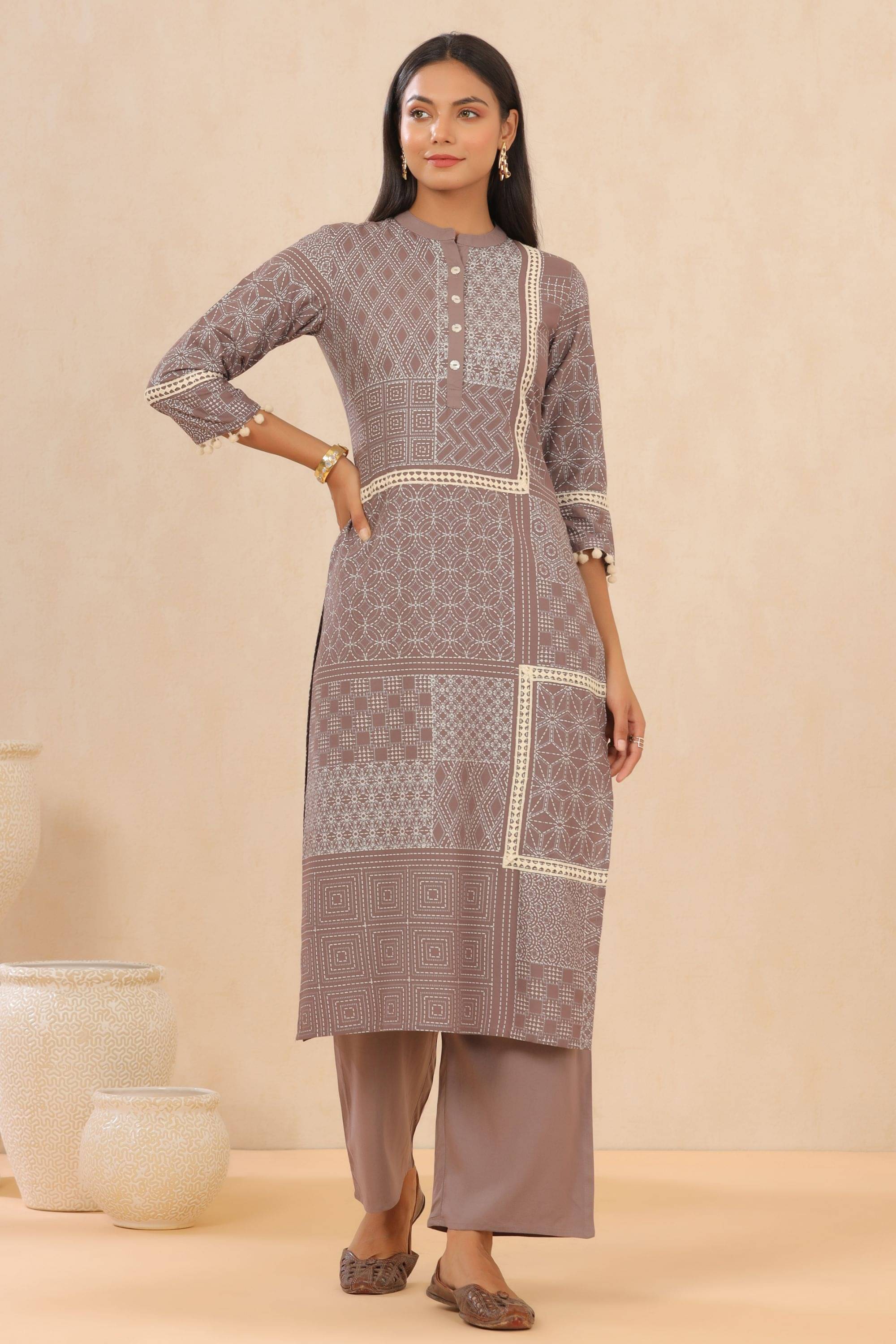 Juniper Grey Rayon Kurti With Palazzo - Stitched Suit Single Juniper Grey Rayon Kurti With Palazzo - Stitched Suit Single