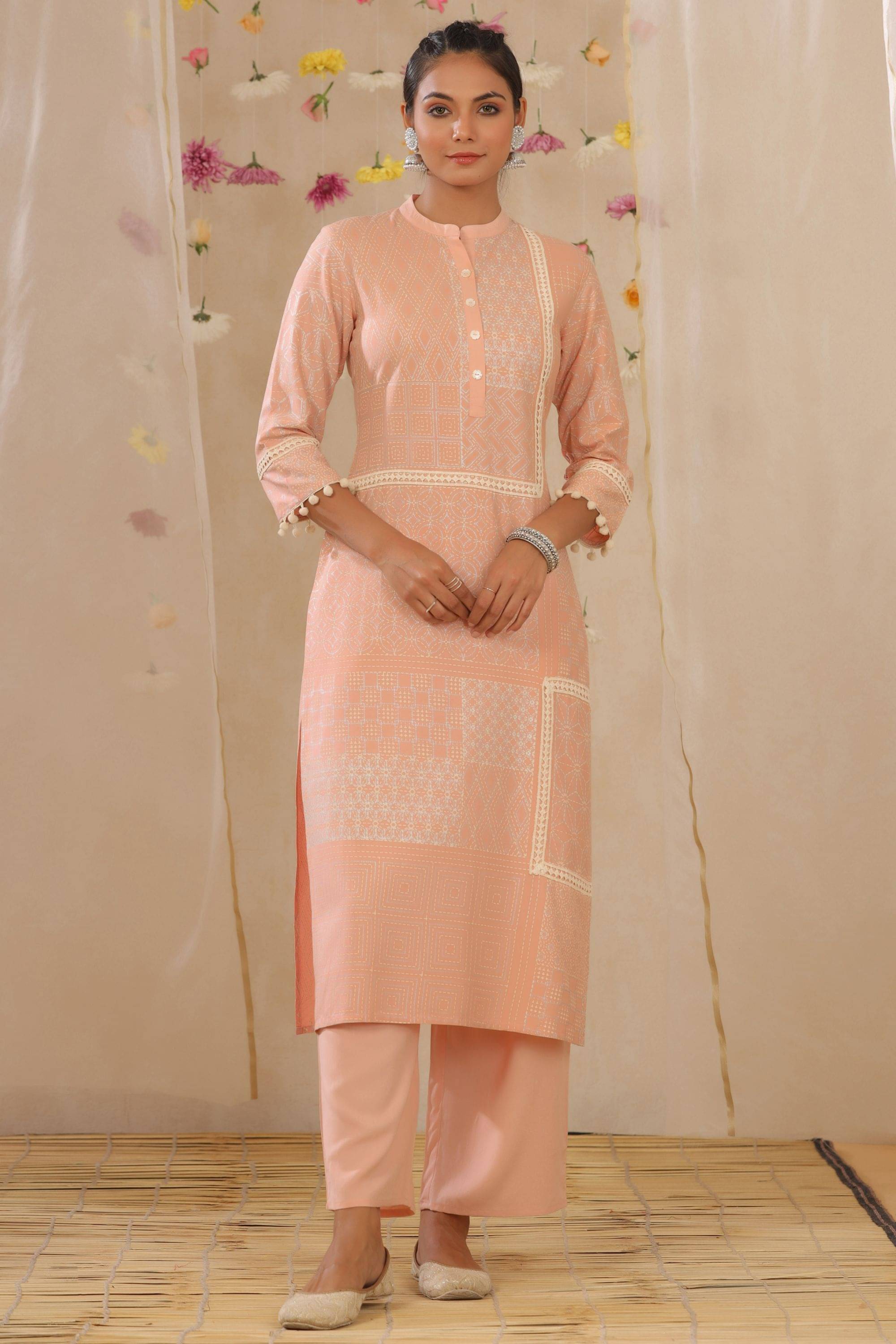     			Juniper Peach Rayon Kurti With Palazzo - Stitched Suit Single