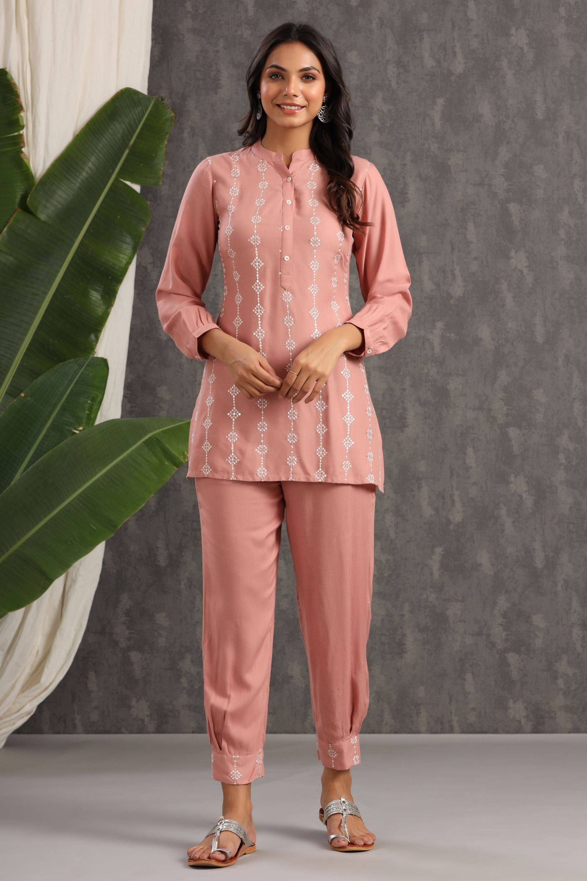     			Juniper Pink Rayon Kurti With Pants - Stitched Suit Single