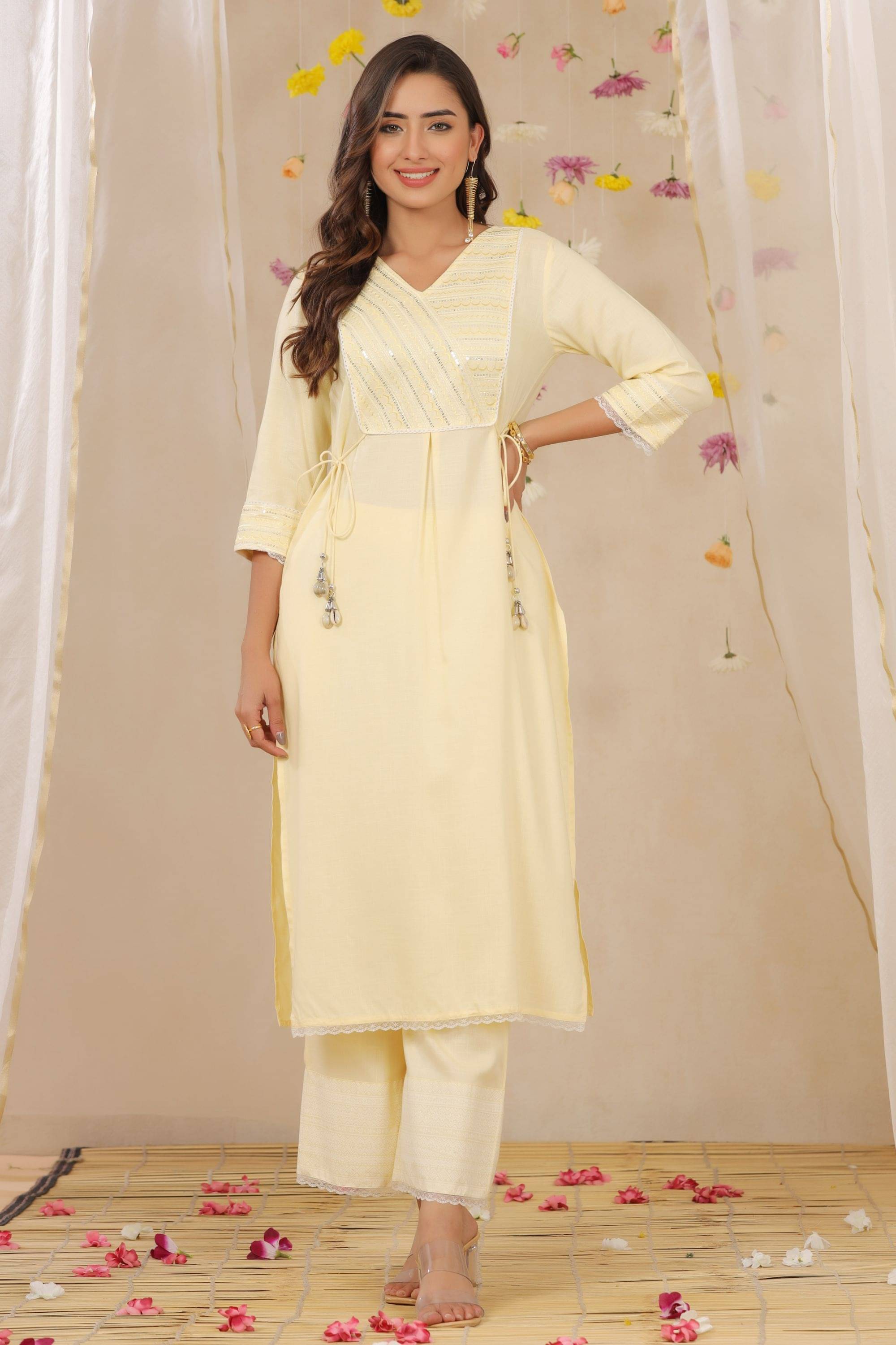 Juniper Yellow Rayon Kurti With Palazzo - Stitched Suit Single Juniper Yellow Rayon Kurti With Palazzo - Stitched Suit Single