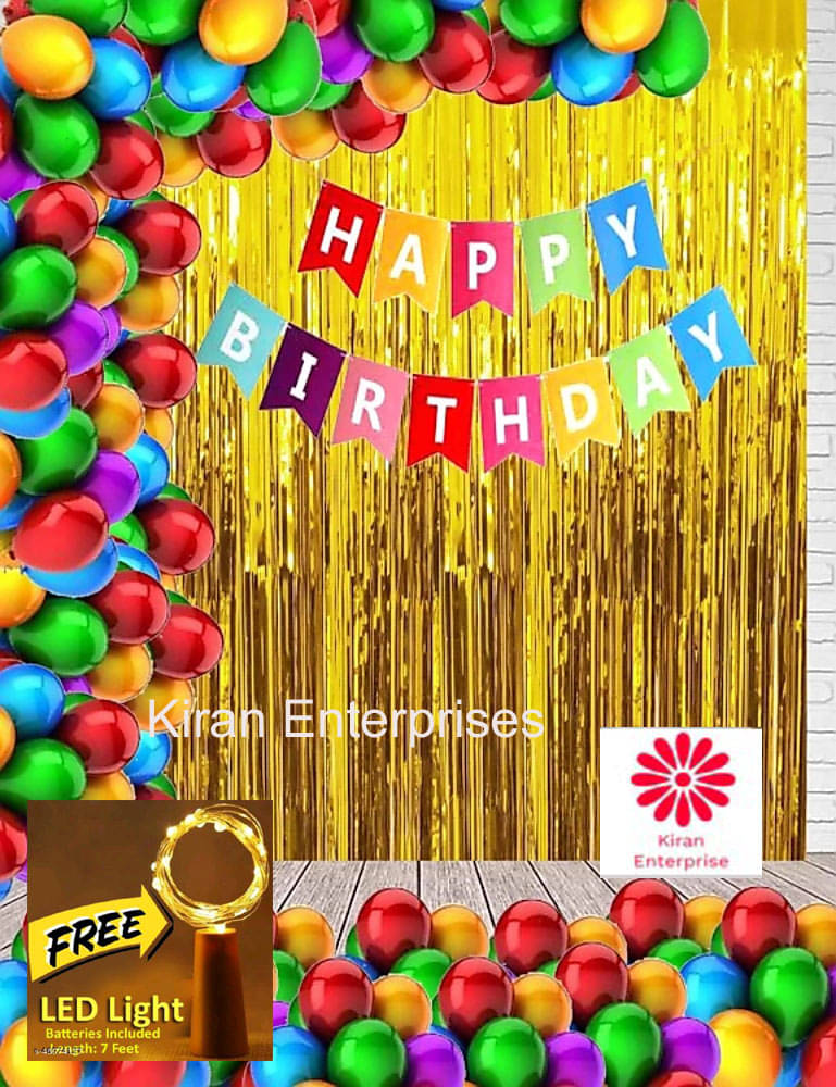     			Kiran Enterprises Happy Birthday Banner ( Multi ) + 2 Golden Fringe Curtain + 30 Metallic Balloon ( Multi ) + FREE 1 pc. LED Light With Battery (7 Feet)