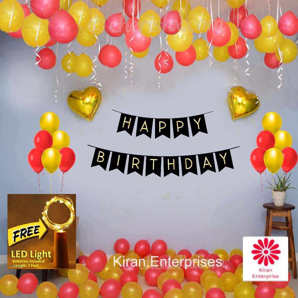     			Kiran Enterprises Happy Birthday Banner ( Black ) + 2 Golden Heart Foil Balloon + 30 Metallic Balloon ( Red, Gold ) + FREE 1 pc. LED Light With Battery (7 Feet)