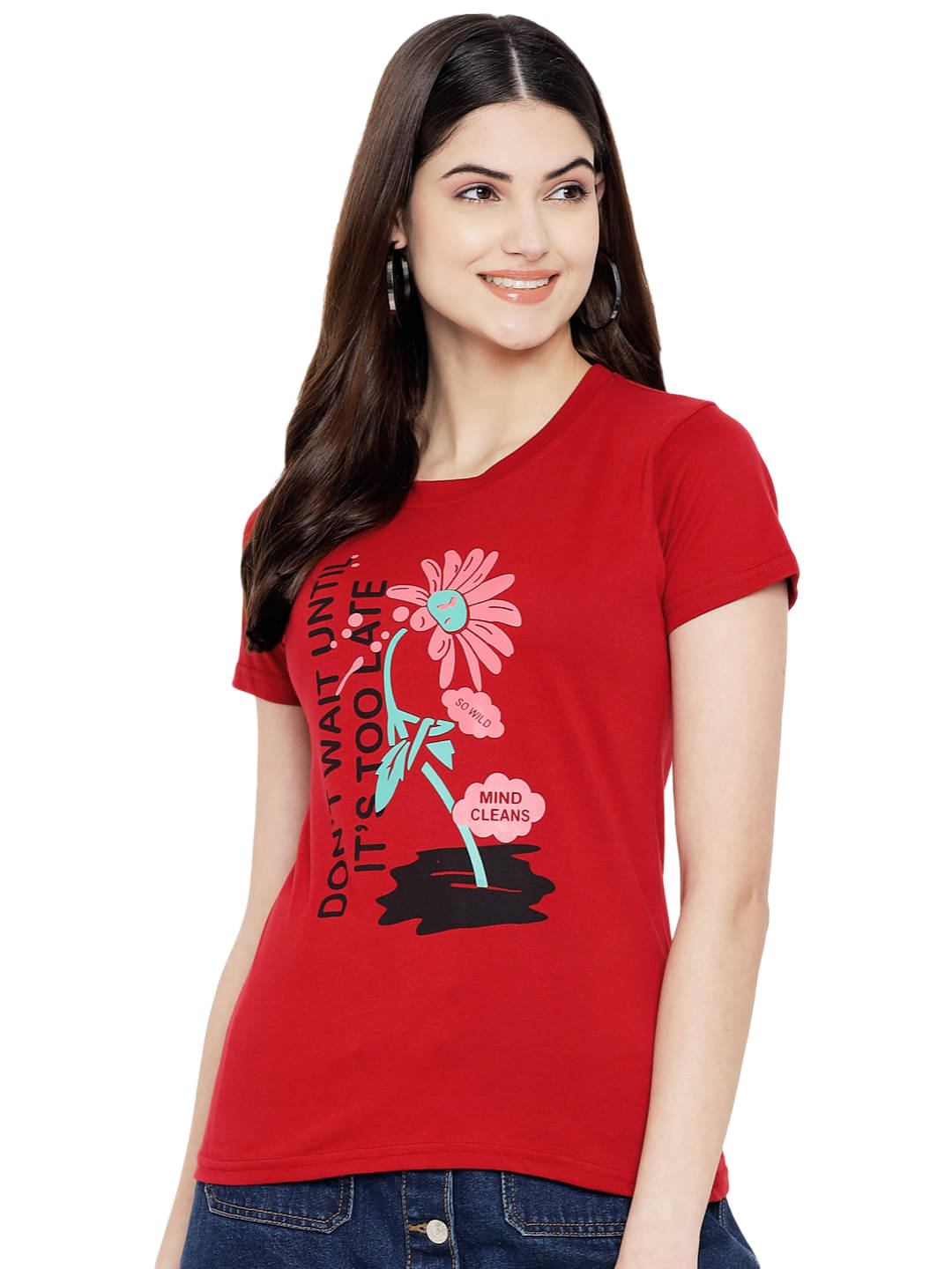 Fabflee Women Cotton Printed Regular Fit Round Neck T-Shirt ( Red ) Fabflee Women Cotton Printed Regular Fit Round Neck T-Shirt ( Red )