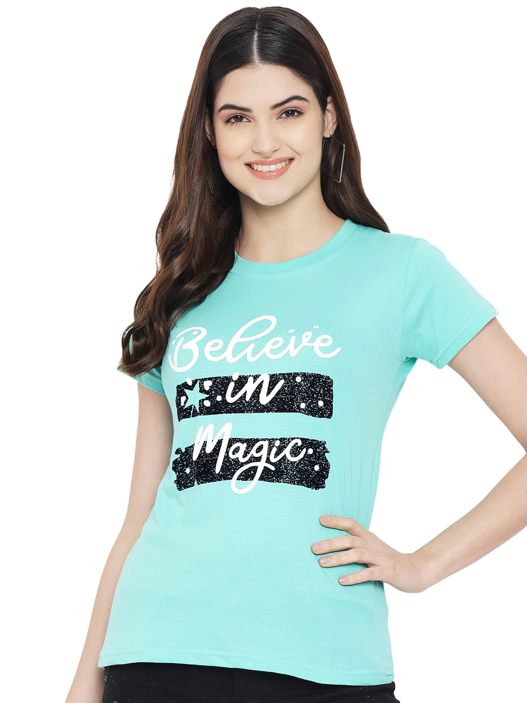 Fabflee Women Cotton Printed Regular Fit Round Neck T-Shirt ( Turquoise )     			Fabflee Women Cotton Printed Regular Fit Round Neck T-Shirt ( Turquoise )