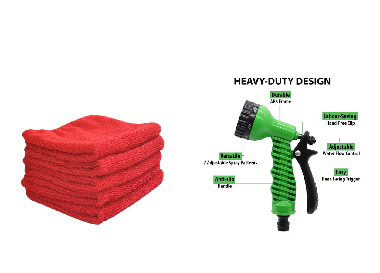 INGENS COMBO of Microfiber Cleaning Cloths,40x40cms 250GSM RED-Colour! Highly Absorbent  and 7 function water spray nozzle