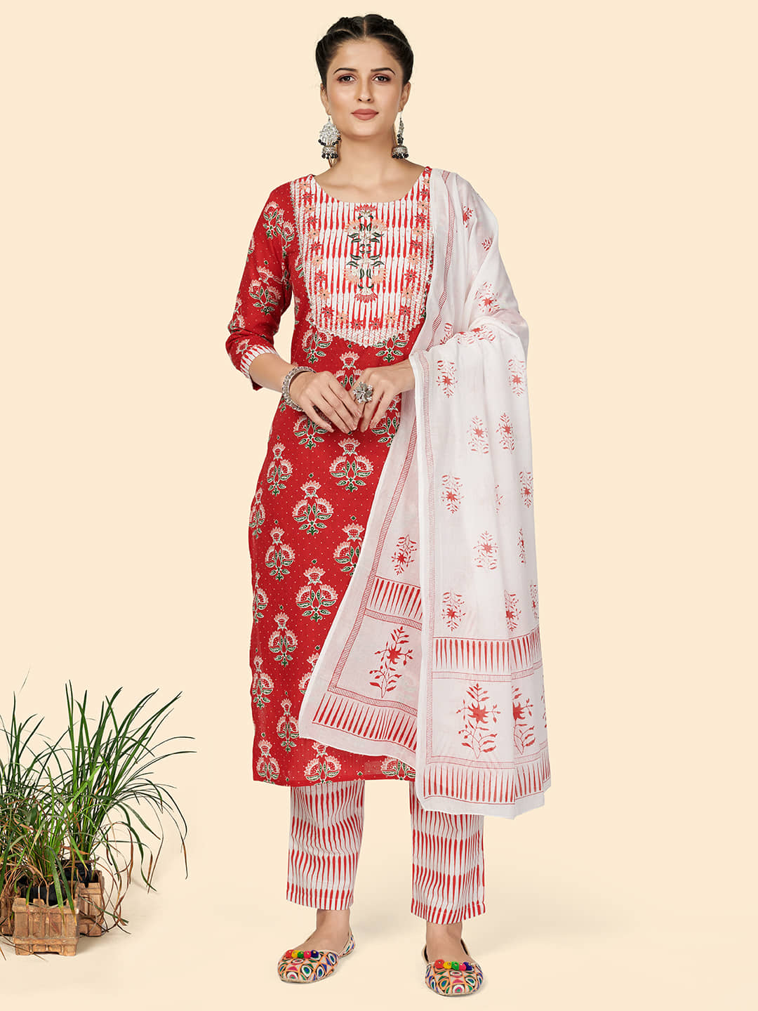 Vbuyz Red Cotton Kurti With Pants - Stitched Suit Single