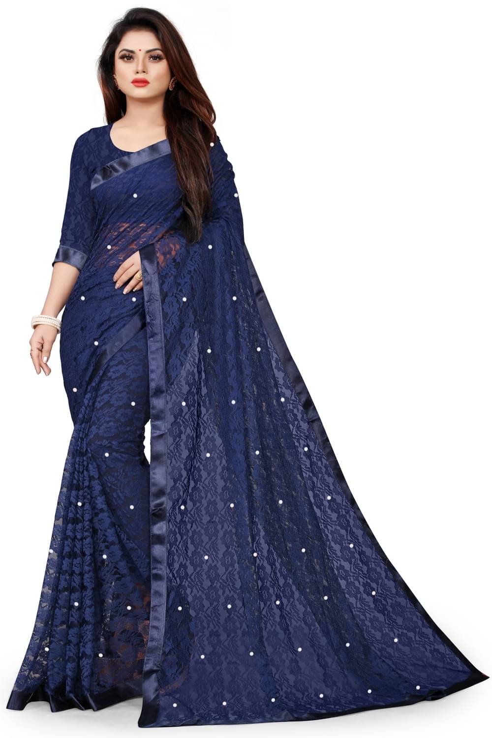     			vanraj Net Saree With Unstitched Blouse Piece ( Blue )