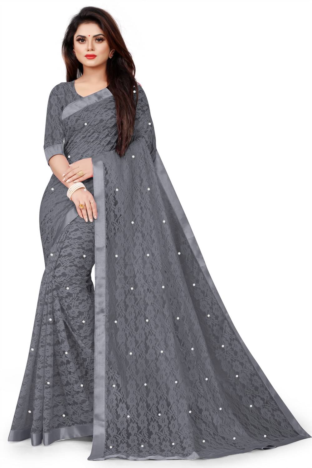 vanraj Net Saree With Unstitched Blouse Piece ( Grey ) vanraj Net Saree With Unstitched Blouse Piece ( Grey )