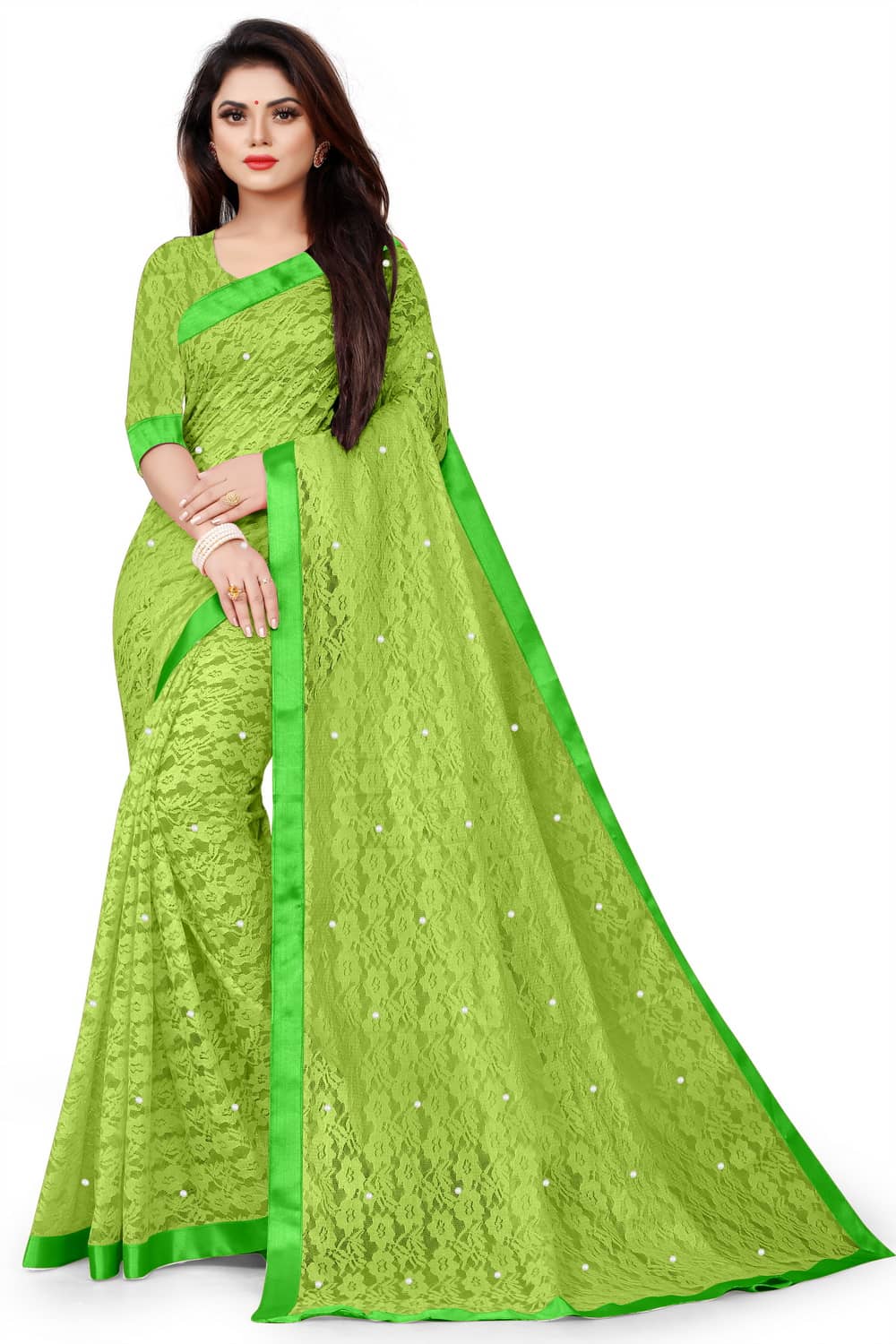 vanraj Net Saree With Unstitched Blouse Piece ( Light Green ) - Sarees | Buy online on ZillyBuy