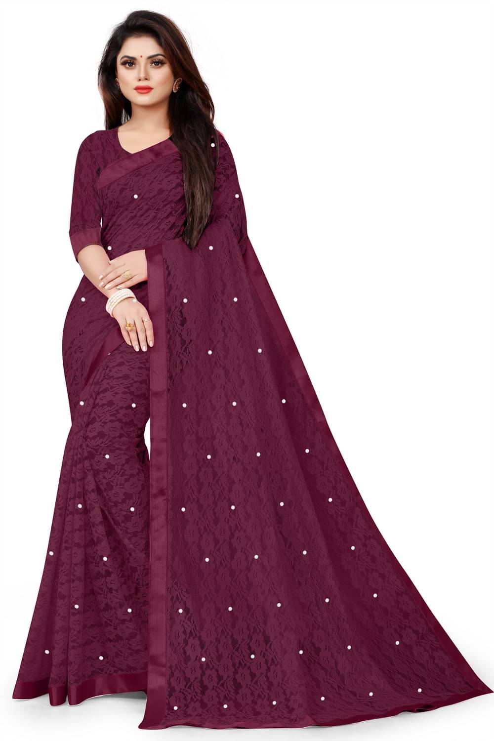     			vanraj Net Saree With Unstitched Blouse Piece ( Maroon )