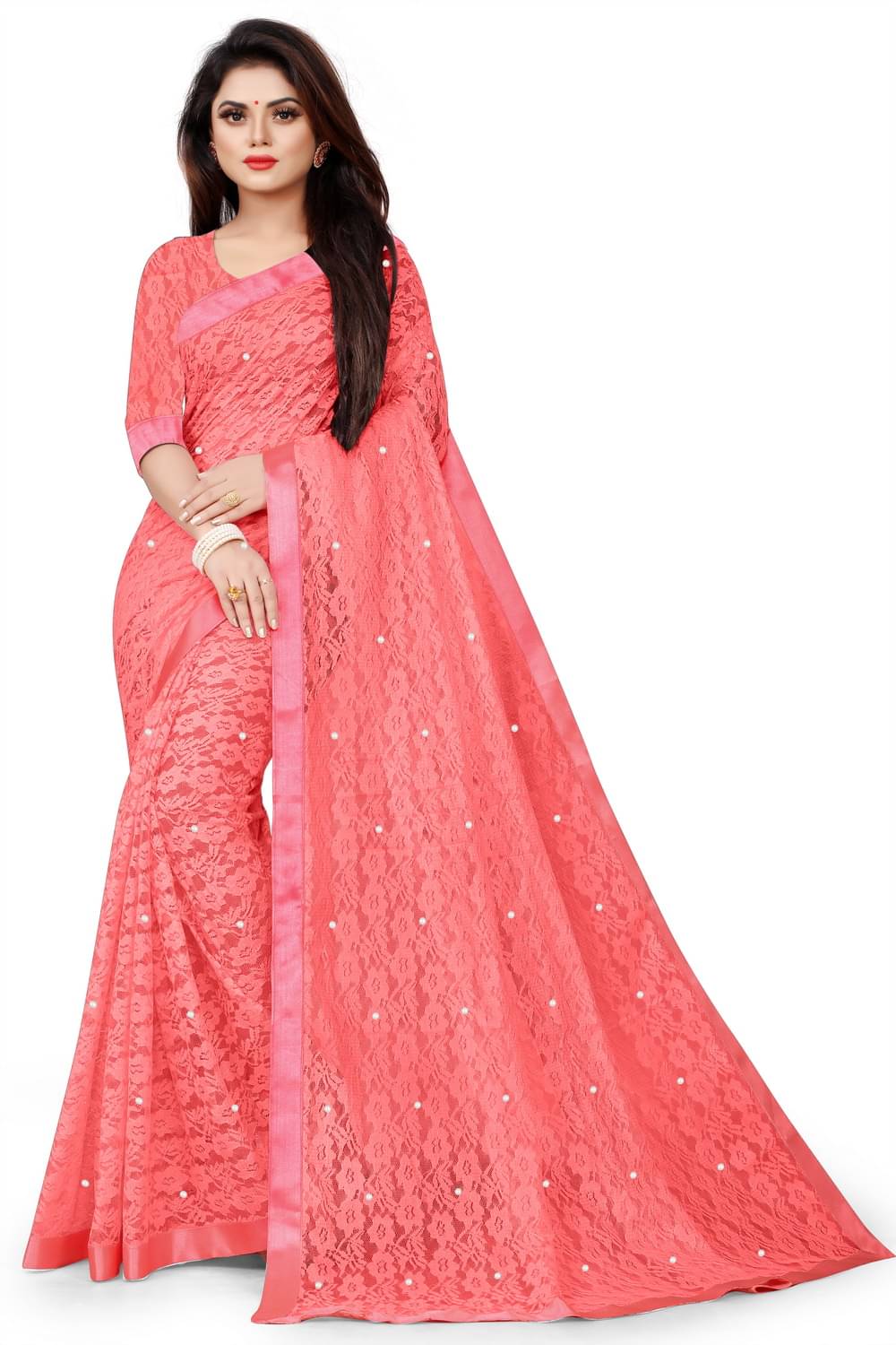 vanraj Net Saree With Unstitched Blouse Piece ( Peach ) vanraj Net Saree With Unstitched Blouse Piece ( Peach )
