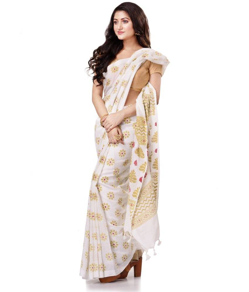     			Desh Bidesh Cotton Self Design Saree With Unstitched Blouse Piece ( White )