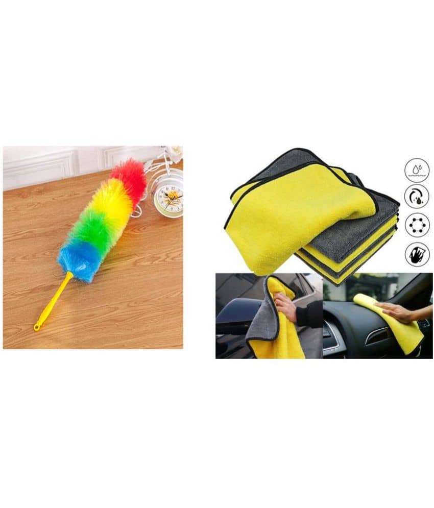 INGENS COMBO OF Multipurpose Multicolour Neon Plastic & Microfiber PP Static Duster for Glass, Fan, AC AND  CarMotorcycle/Cycle Chain Cleaner Duster (Blue)