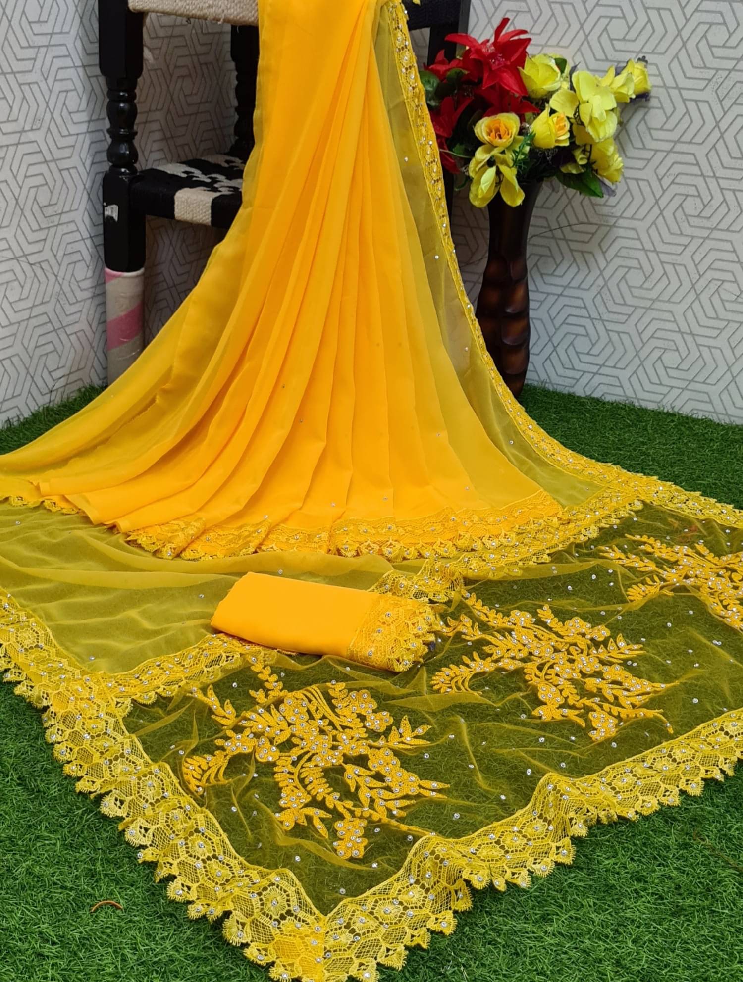 JULEE Georgette Embroidered Saree With Unstitched Blouse Piece ( Yellow ) JULEE Georgette Embroidered Saree With Unstitched Blouse Piece ( Yellow )