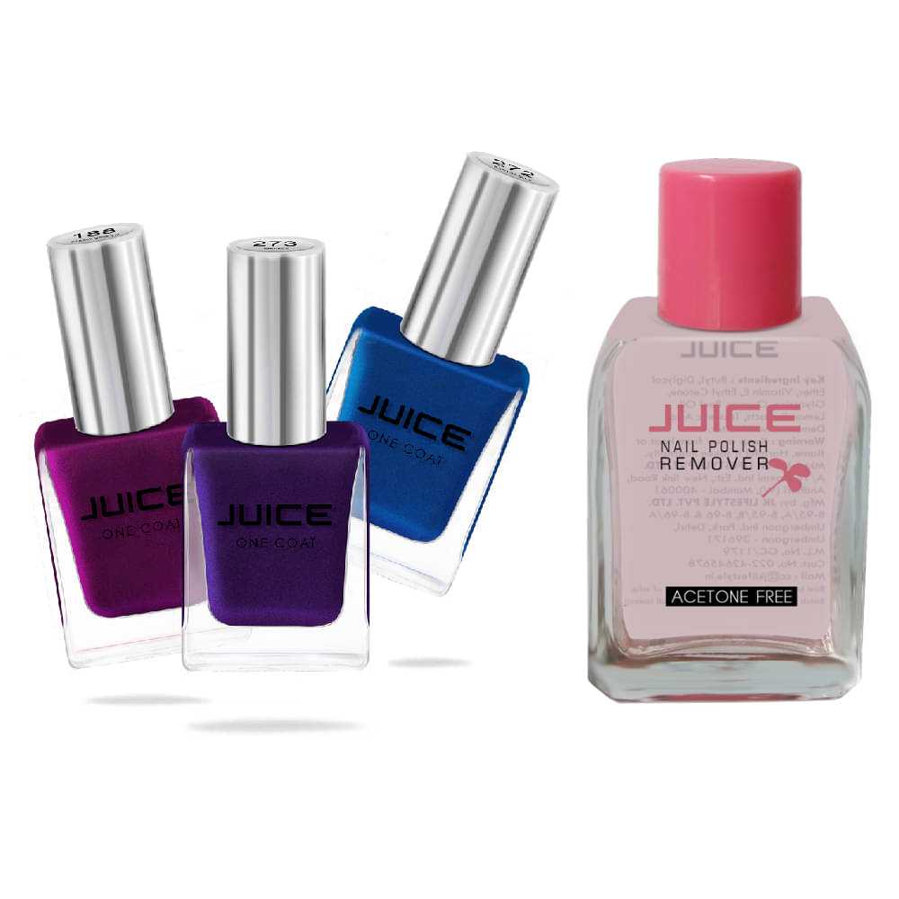     			Juice PURPLE,NEAVYBLUE,VIOLET & 1 REMOVER Nail Polish 188,272,273 Multi Glossy Pack of 4 68 mL