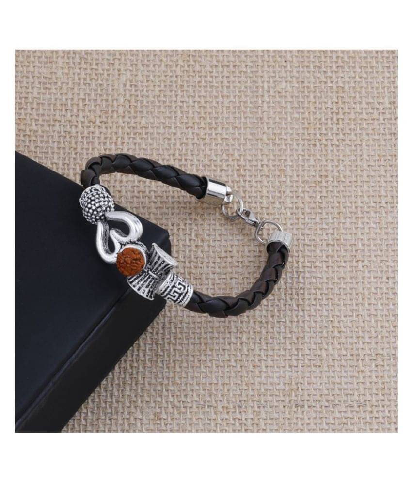     			Rudraksha OM Trishul Damroo Designer Oxidized Silver Bahubali Leather Kada Bracelet Unisex Bracelets for Men & Women