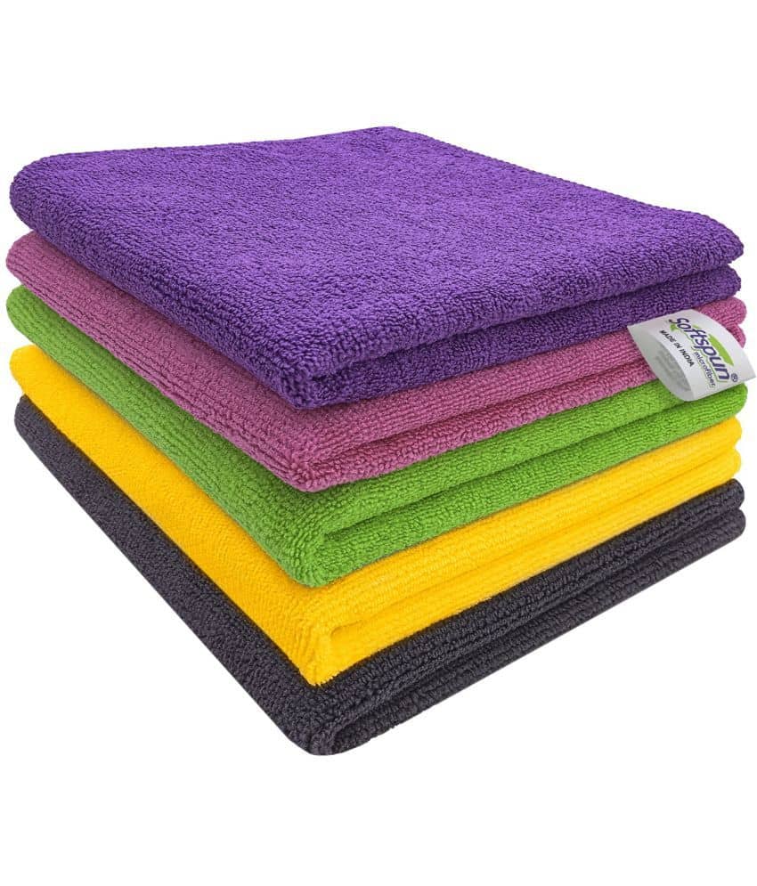 SOFTSPUN Microfiber Cloth - 5 pcs - 40x40 cms - 340 GSM Multi-Color - Thick Lint & Streak-Free Multipurpose Cloths - Automotive Microfibre Towels for Car Bike Cleaning Polishing Washing & Detailing