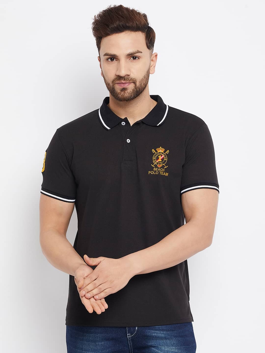 The Million Club Pack of 1 Cotton Blend Regular Fit Solid Half Sleeves Men's Polo T Shirt ( Black )