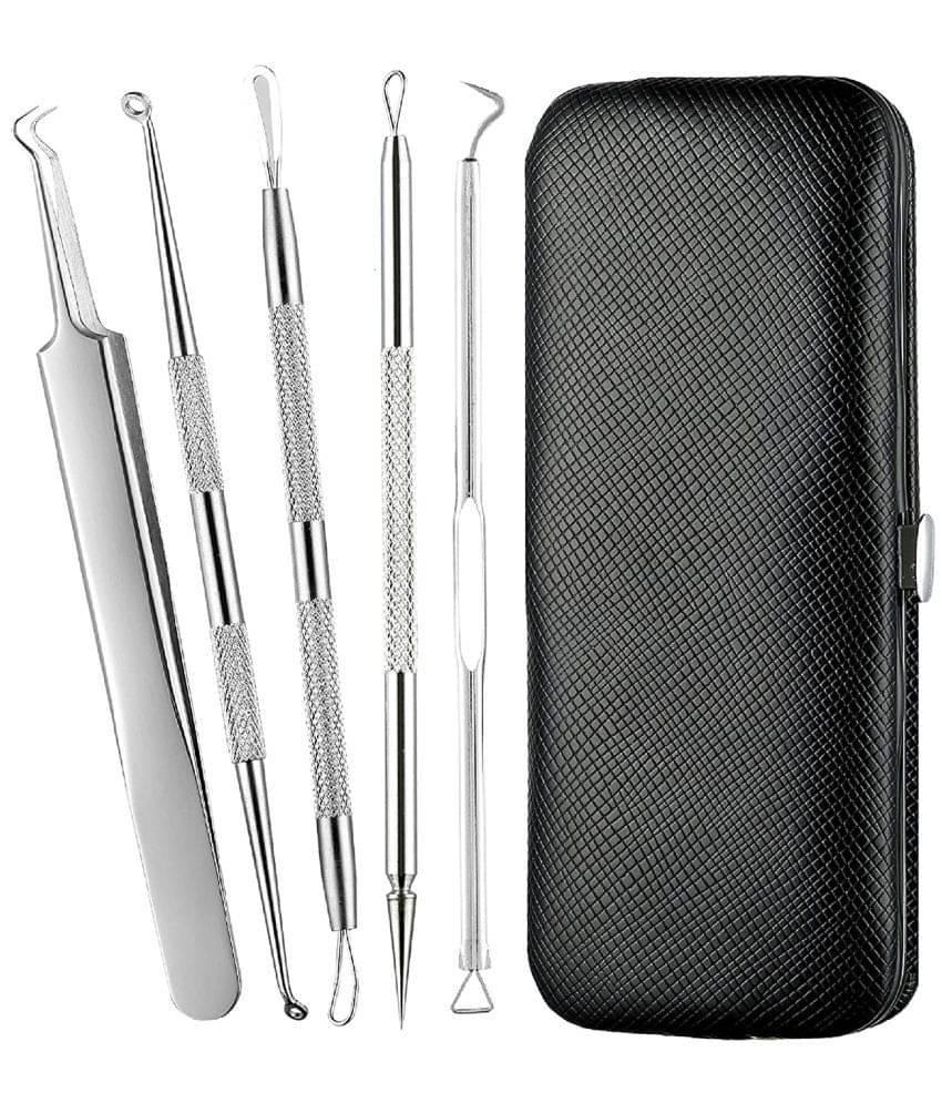     			5 in 1 Stainless Steel Blackhead Remover Tool Kit with Case/Anti Slip Blackhead Tweezers Pimple Removal Tool Acne Needle Set