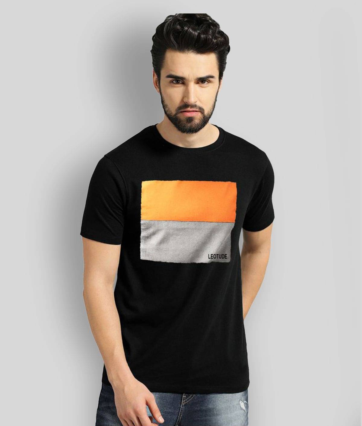 Leotude Men Cotton Blend Regular Fit Colorblock T-Shirt ( Black )     			Leotude Men Cotton Blend Regular Fit Colorblock T-Shirt ( Black )