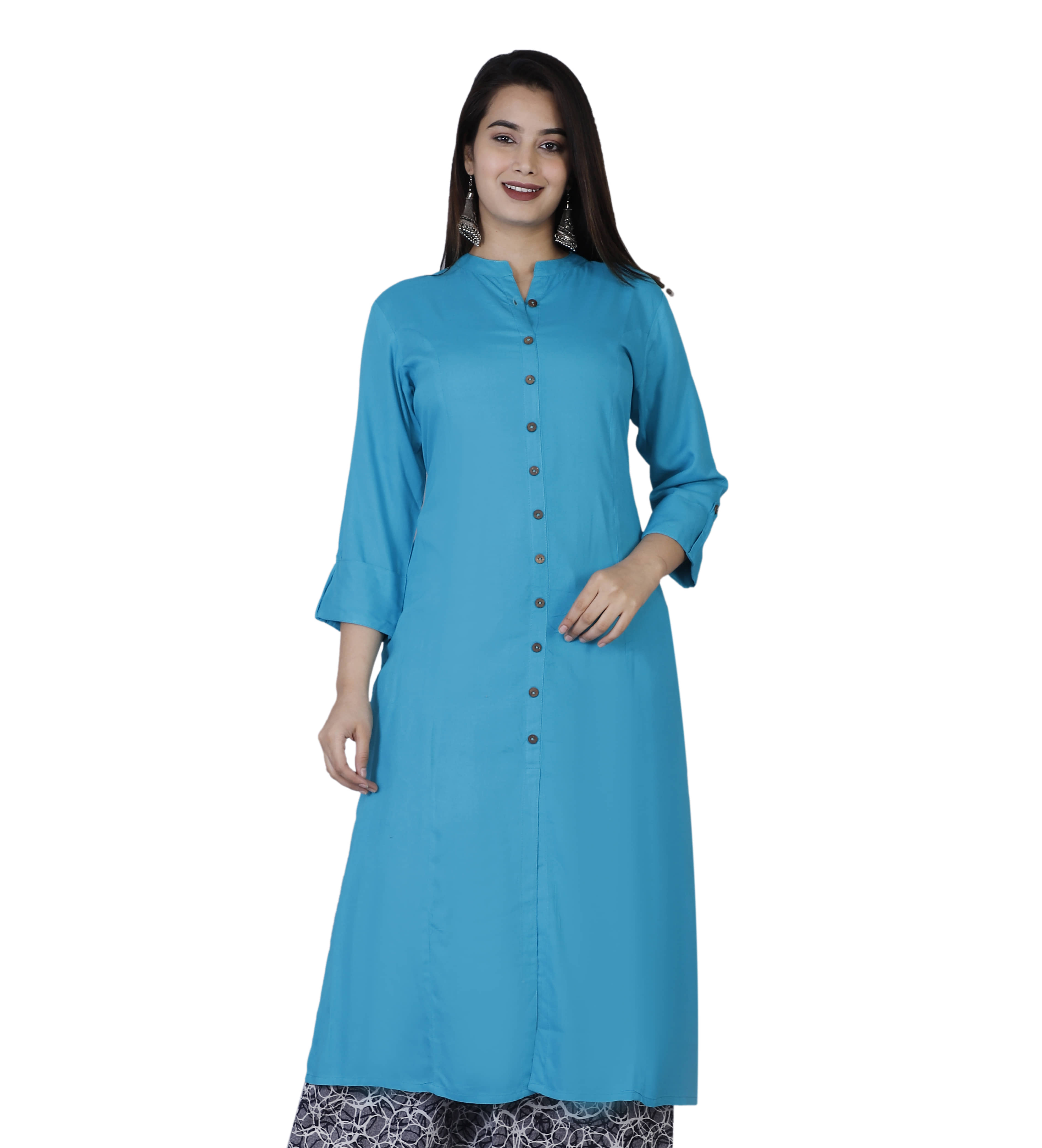 Doriya - Turquoise Rayon Women's Front Slit Kurti - Kurtis, Tunics | Buy online on ZillyBuy