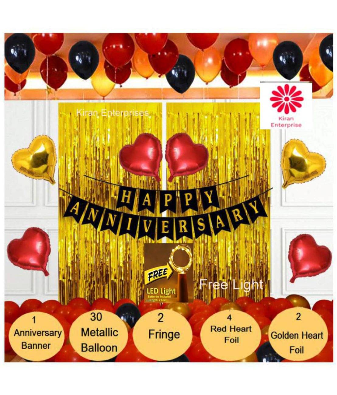 Kiran Enterprises Happy Anniversay Banner ( Black ) + 4pcs Red Heart Foil + 2pcs Golden Heart Foil + 2pcs Golden Fringe Curtain + 30 Metallic Balloon ( Red, Gold, Black ) Kiran Enterprises Happy Anniversay Banner ( Black ) + 4pcs Red Heart Foil + 2pcs Golden Heart Foil + 2pcs Golden Fringe Curtain + 30 Metallic Balloon ( Red, Gold, Black )
