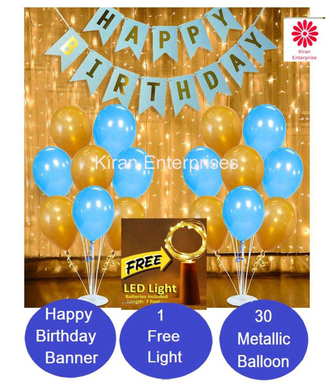 Kiran Enterprises Happy Birthday Banner ( Blue ) + 30 Metallic Balloon ( Blue, Gold ) + FREE 1pc. LED Light With Battery (7 Feet) Kiran Enterprises Happy Birthday Banner ( Blue ) + 30 Metallic Balloon ( Blue, Gold ) + FREE 1pc. LED Light With Battery (7 Feet)