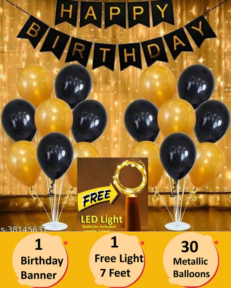     			Happy Birthday Banner (Black)+ 30 Metallic Balloons (Gold, Black) + FREE 1 pc. LED Light With Battery (7 Feet) for happy birthday decoration item, birthday decoration kit, birthday balloon decoration combo for Boys, Girls, Kids, husband and Wife.
