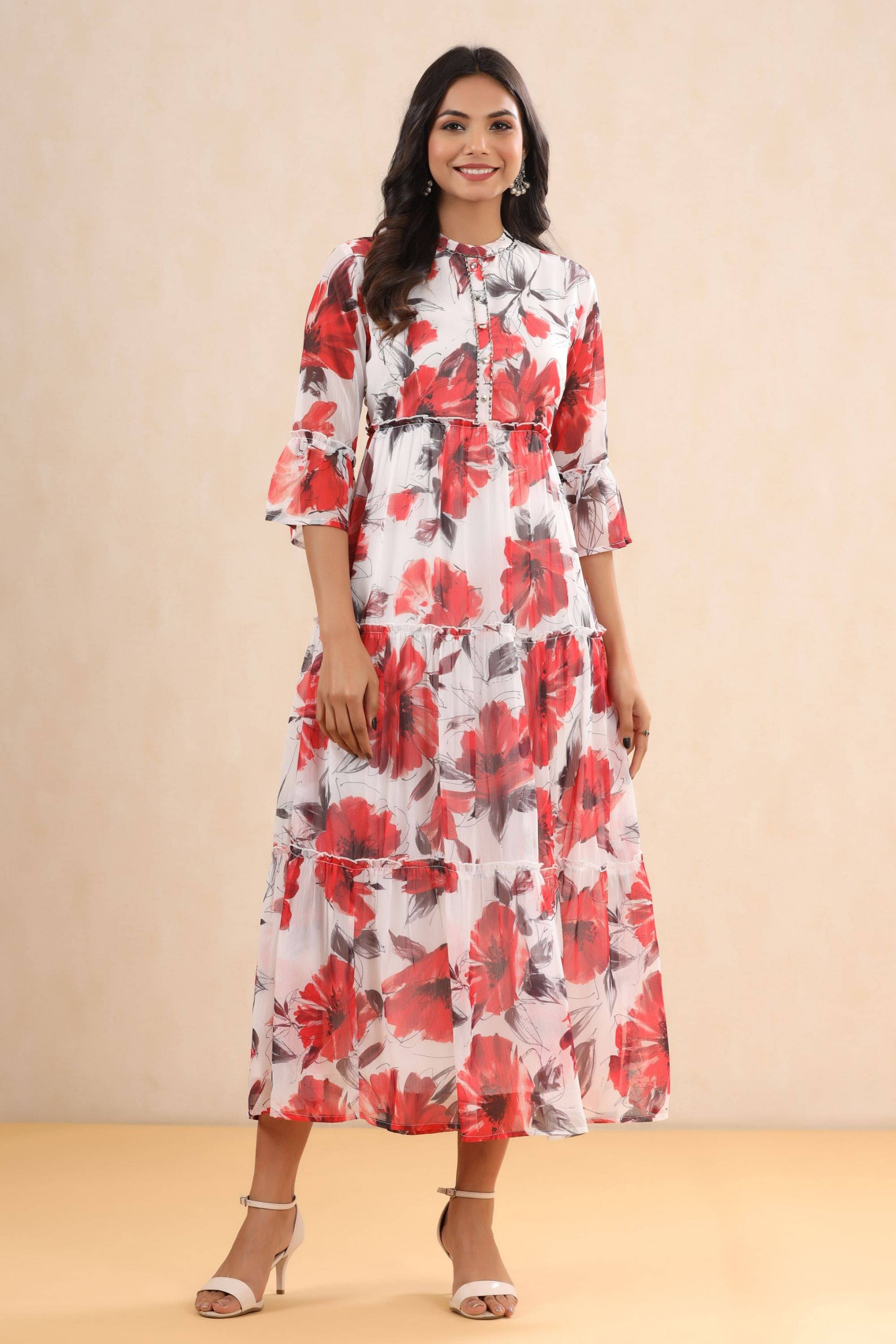 Juniper Women Chiffon Printed A-line Dress ( White )     			Juniper Women Chiffon Printed A-line Dress ( White )