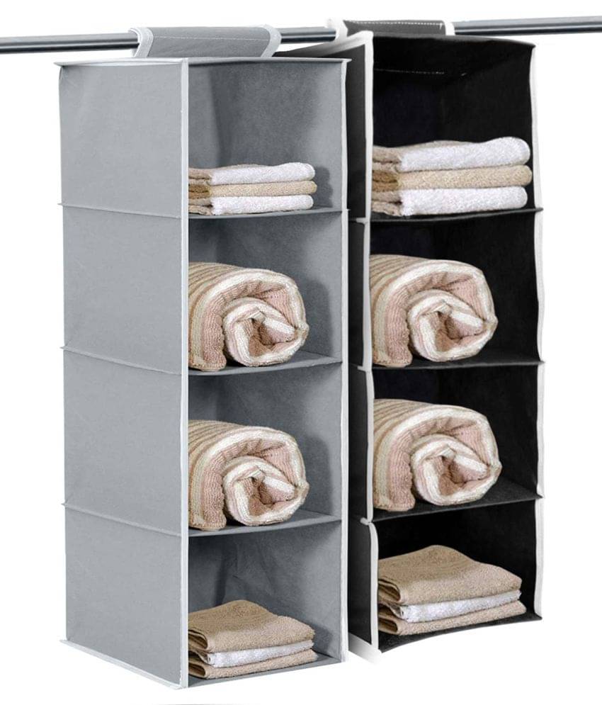     			4 Shelf Closet Hanging Organizer,Wardrobe Organizer Clothes Storage Hanger for Family Closet Bedroom, Foldable and Universal Fit (Grey / Black) Pack Of 2