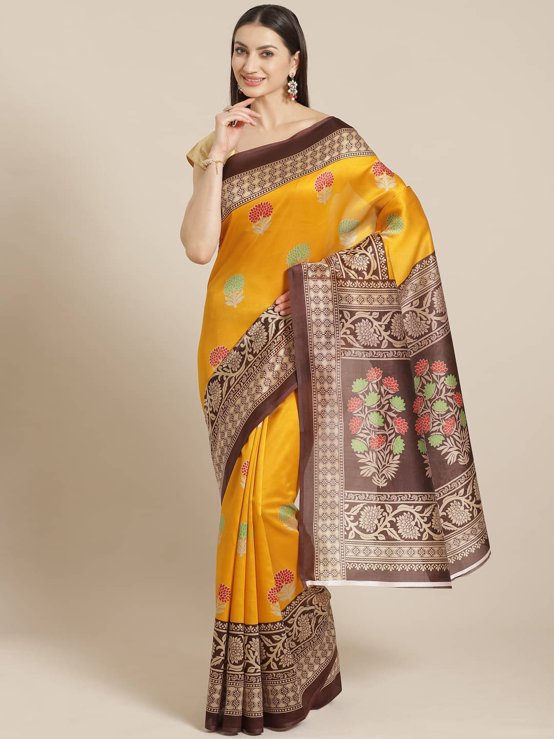     			Grubstaker Art Silk Printed Saree With Unstitched Blouse Piece ( Yellow )