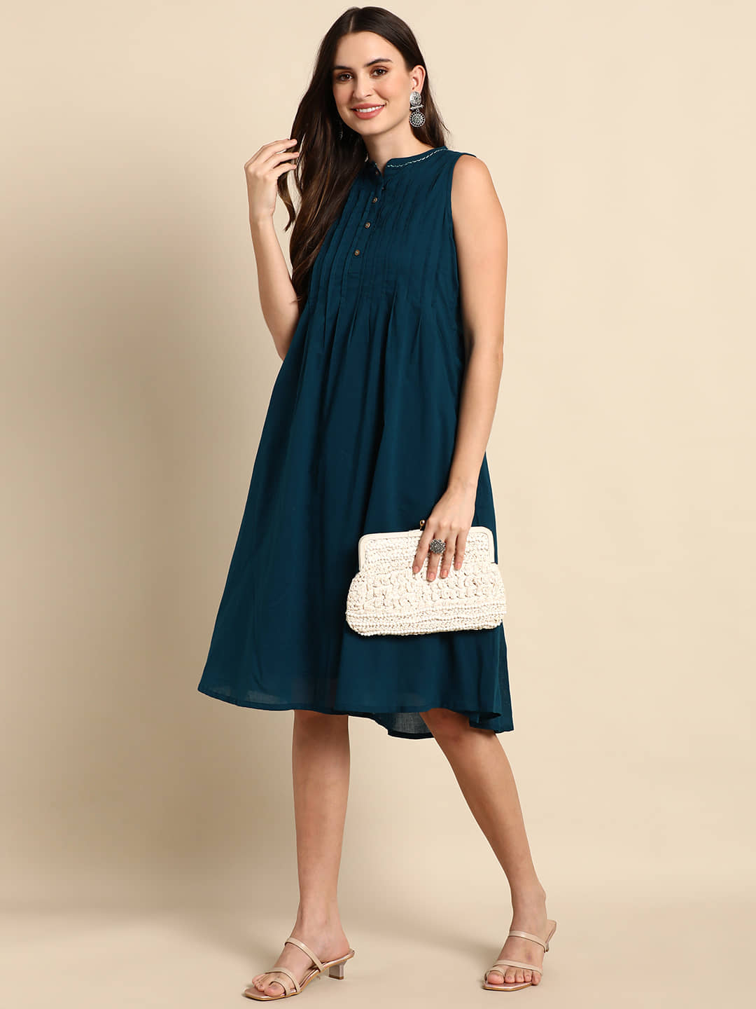 Janasya Women Cotton A-line Dress ( Blue )