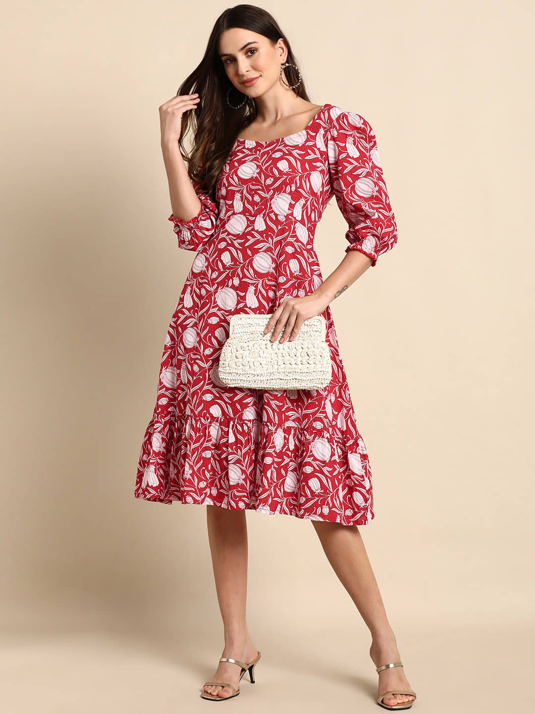 Janasya Women Cotton A-line Dress ( Red )