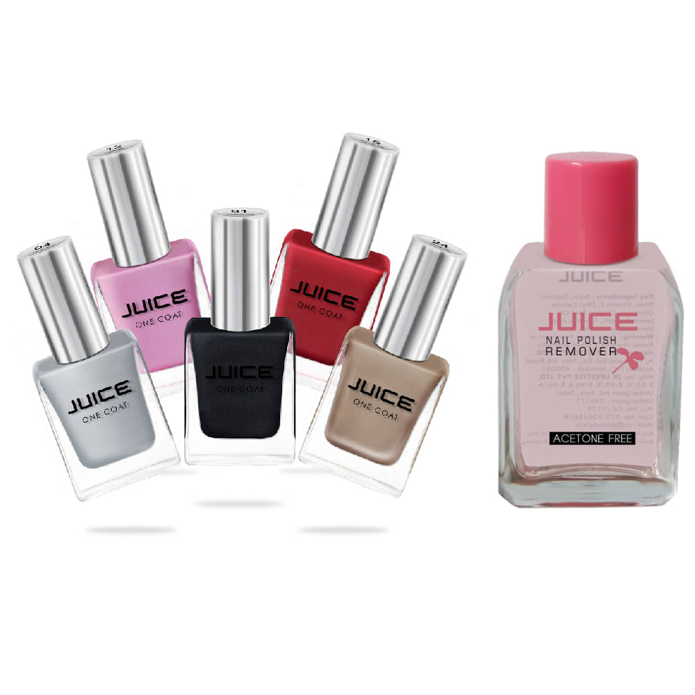     			Juice RED,PINK,NEUTRALS SHADES & REMOVER Nail Polish 04,12,15,24,91 Multi Glossy Pack of 6 90 mL