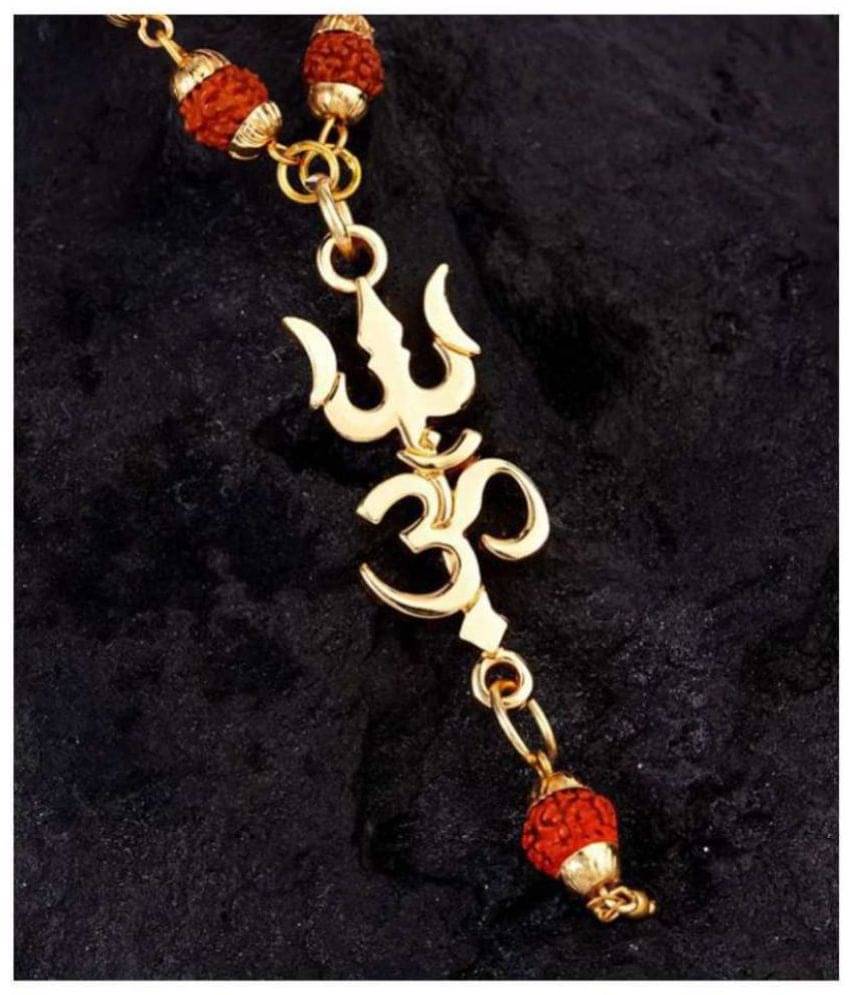     			Lord Shiv Trishul Om With Puchmukhi Rudraksha Mala Gold-plated Plated Wood Chain Gold-plated Brass, Wood For Man Boys & Girls