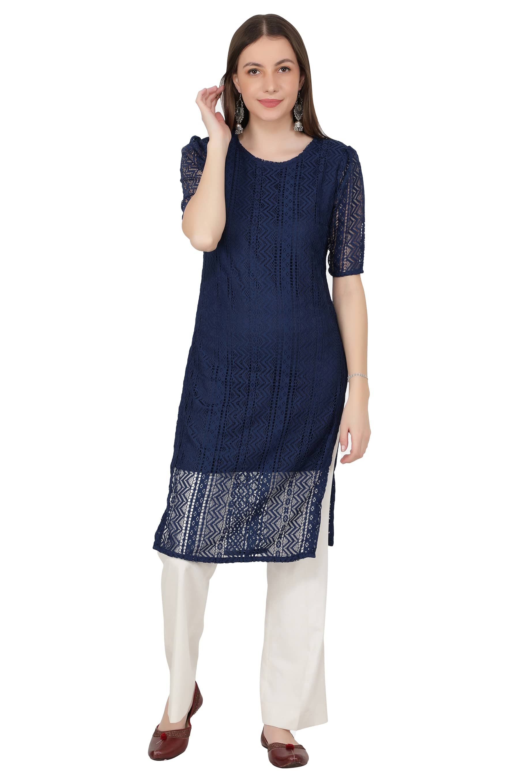 NUEVOSDAMAS Blue Cotton Blend Straight Kurti - Single - Kurtis, Tunics | Buy online on ZillyBuy