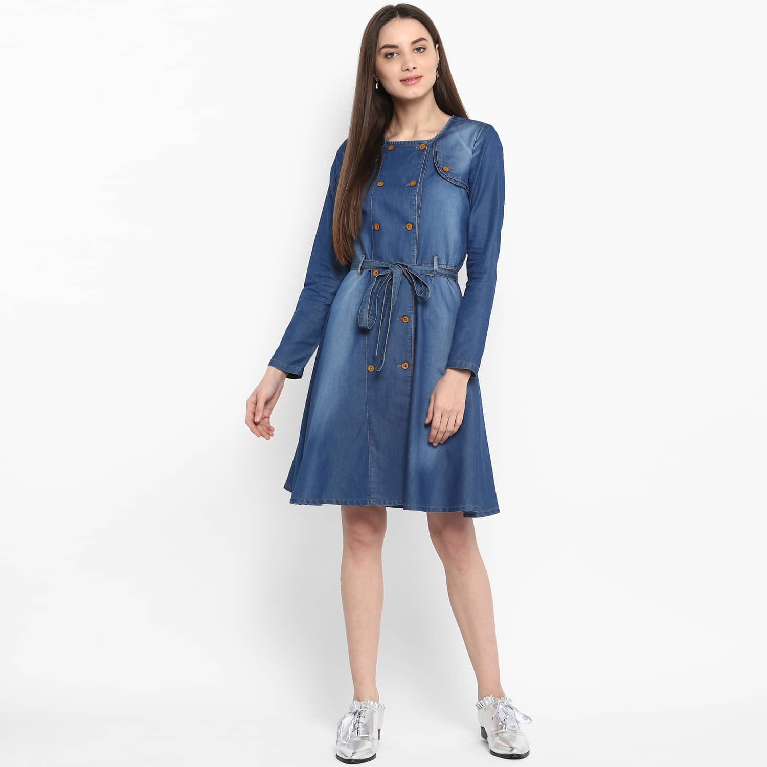 StyleStone Women Denim Fit & Flare Dress ( Blue )