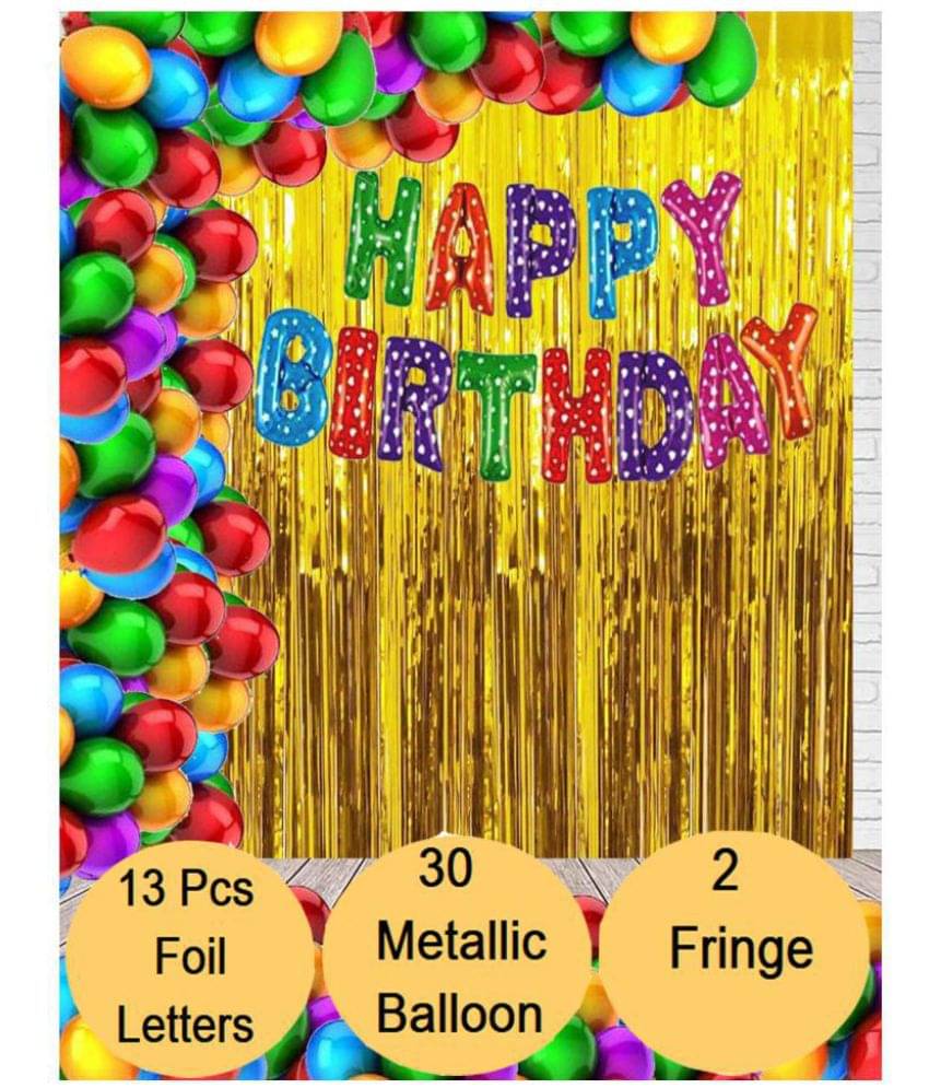 Dakshya Industries Happy Birthday Foil Letter Balloon ( Multi ) + 2pcs Golden Fringe Curtain + 30 Metallic Balloon ( Multi ) Dakshya Industries Happy Birthday Foil Letter Balloon ( Multi ) + 2pcs Golden Fringe Curtain + 30 Metallic Balloon ( Multi )