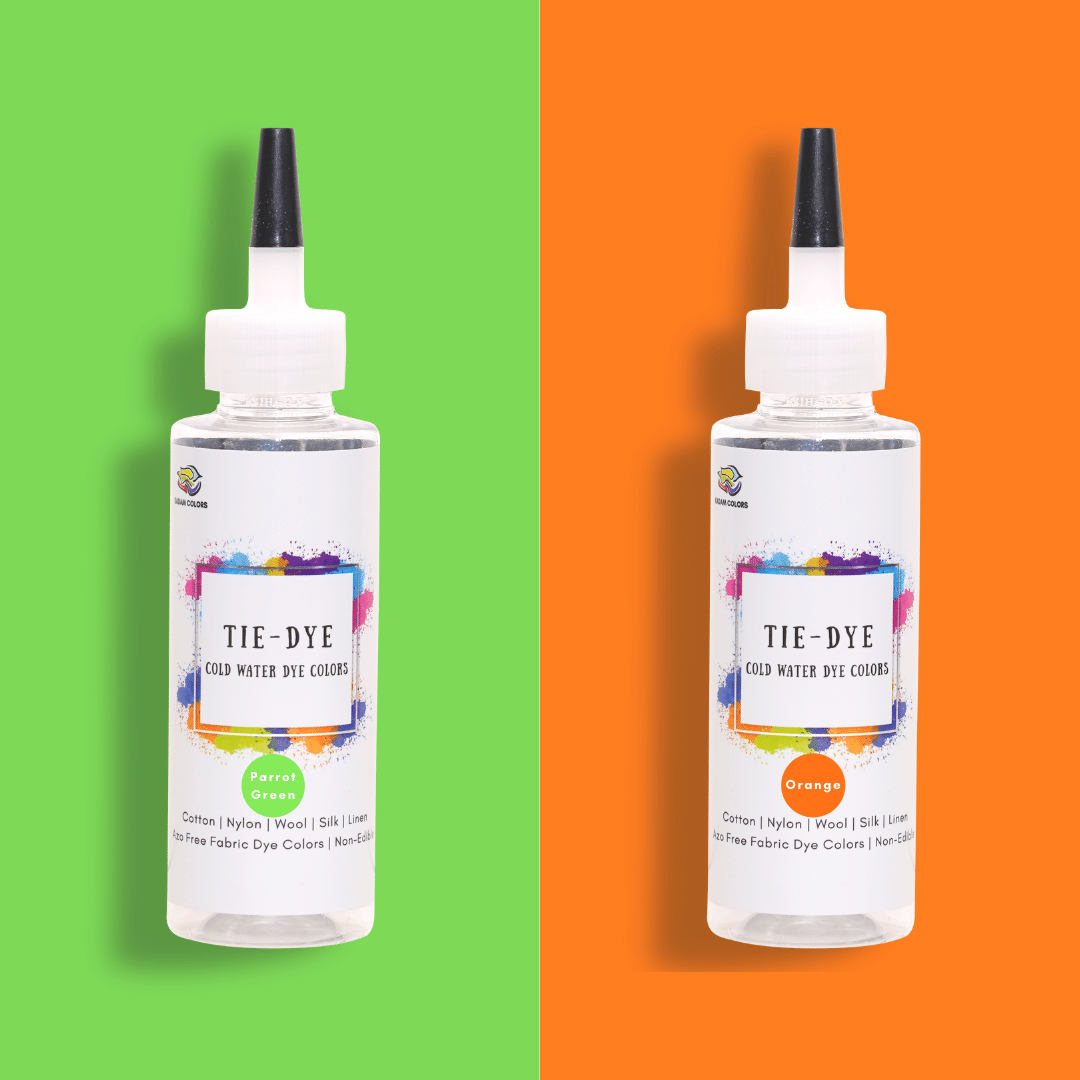     			Skin Friendly Tie Dye Bottle Combo 11 : Parrot Green - Orange | Includes 100g Dye Activator and 2 Kadam DyFix Mini Bottles | Cold Water Fabric Dyes