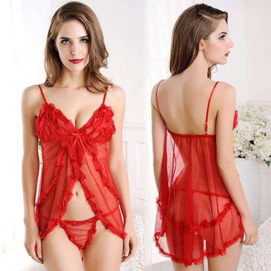     			Celosia Net Baby Doll Dresses With Panty - Red Single